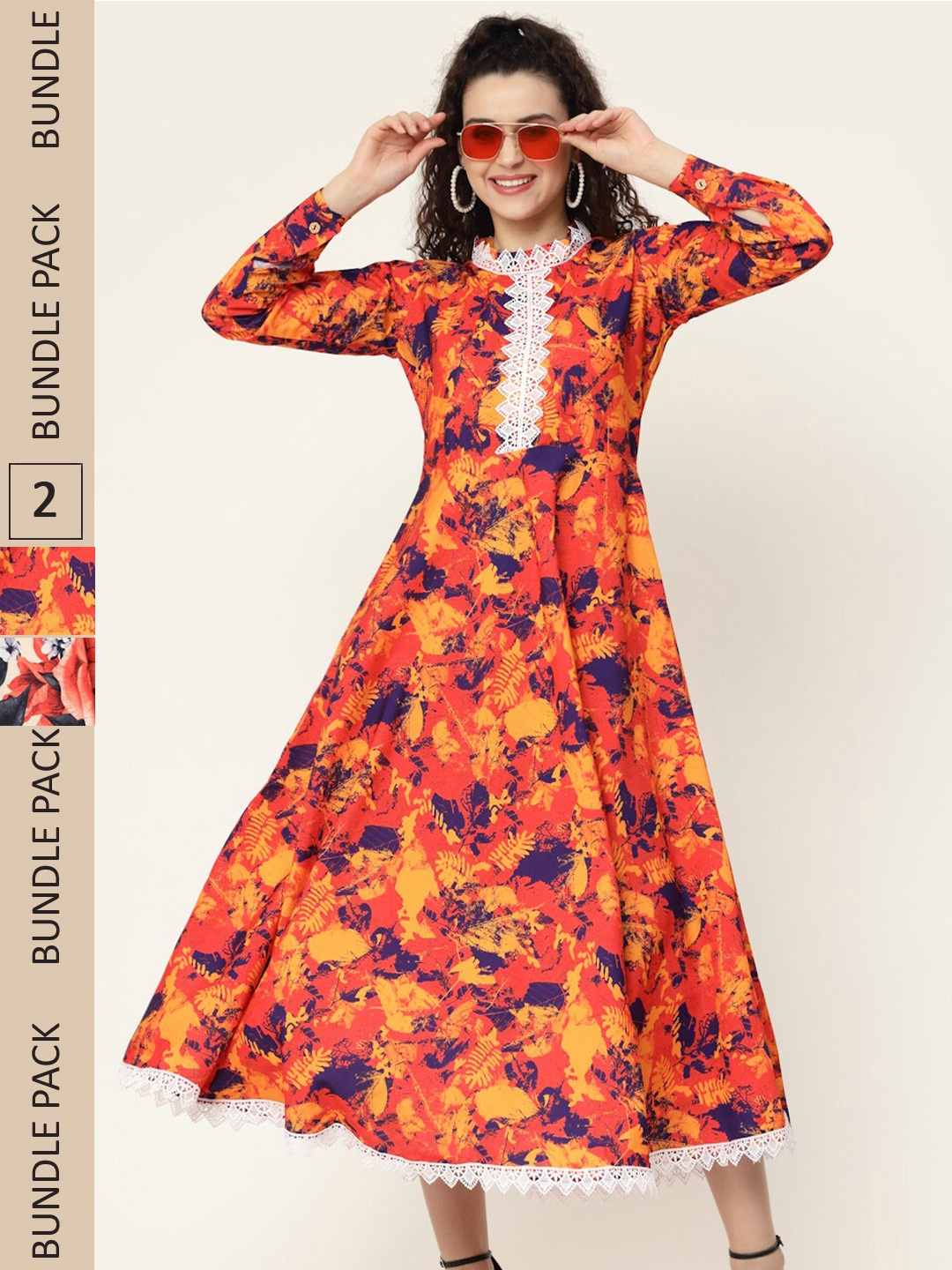 

MISS AYSE Pack of 2 Orange & Off White Floral Midi Dress