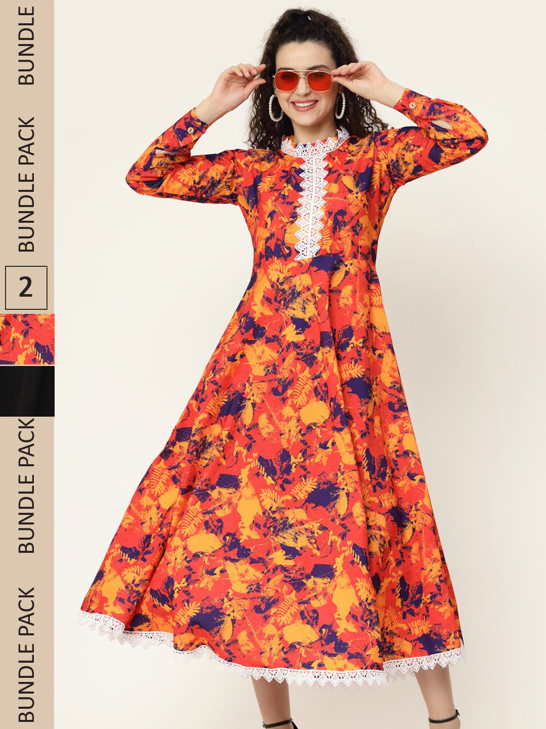 

MISS AYSE Pack of 2 Orange & Black Floral Midi Dress