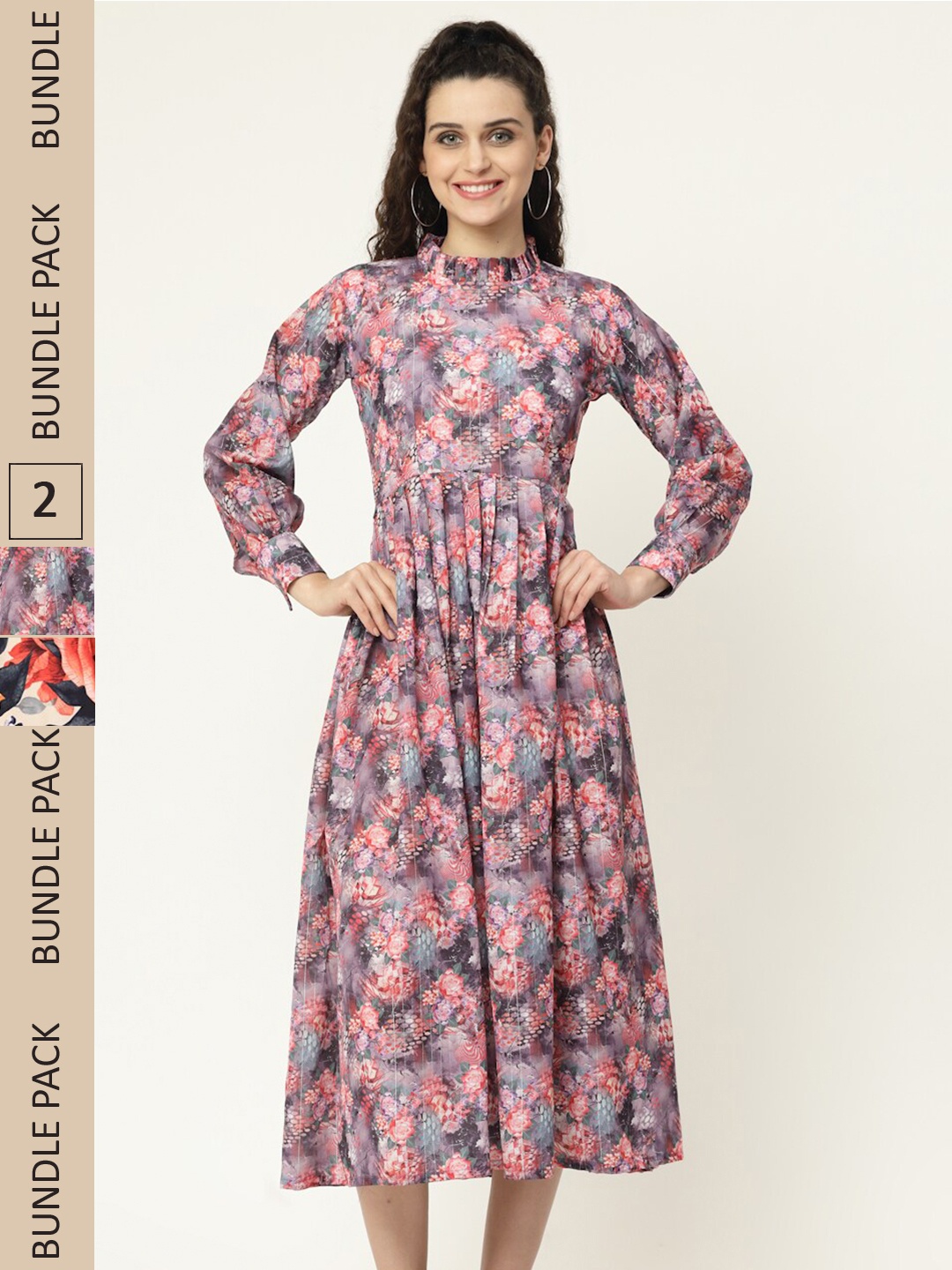 

MISS AYSE Pack of 2 Charcoal & Cream-Coloured Floral Midi Dress