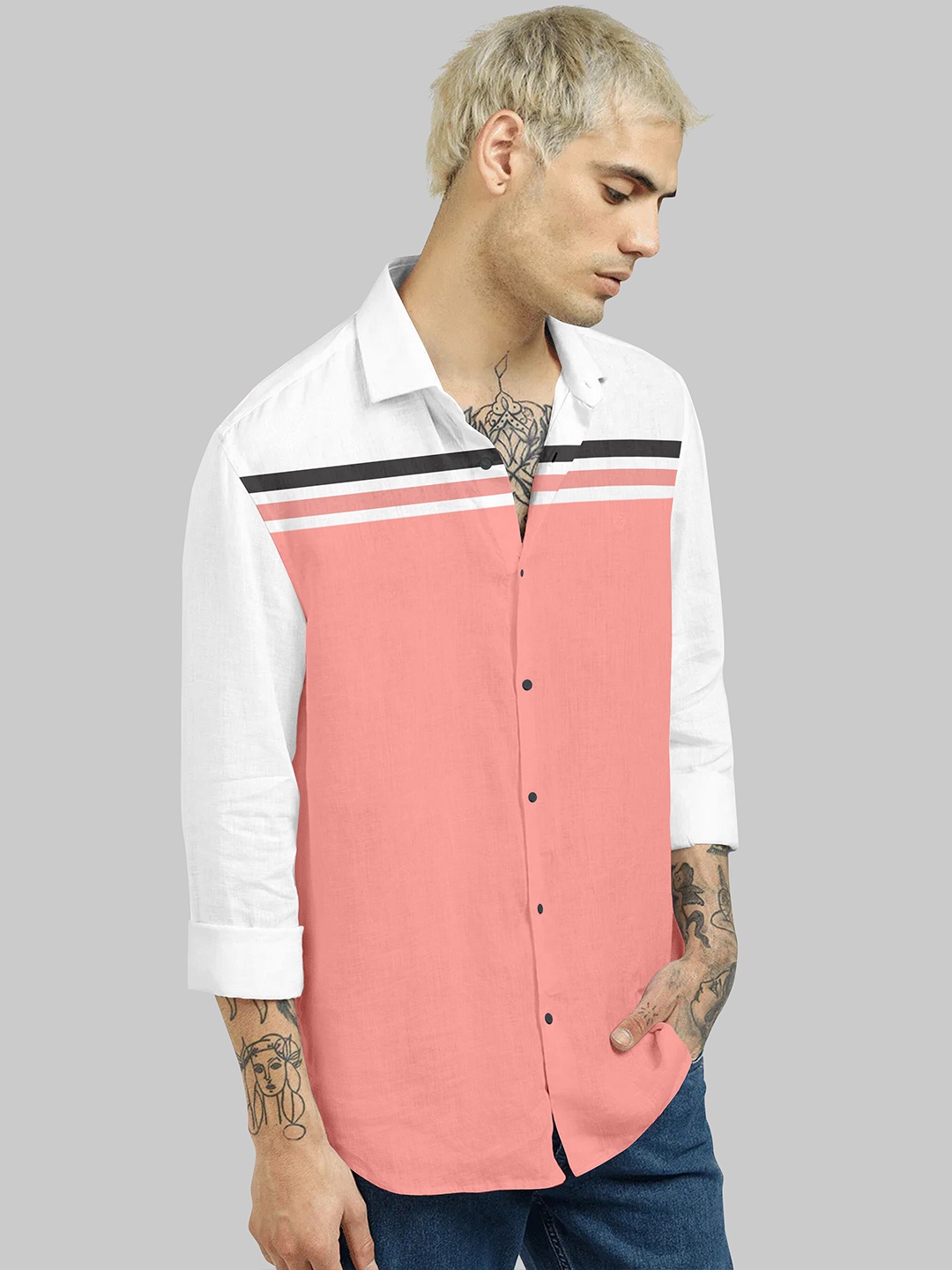 

Fashion FRICKS Men White & Pink Cotton Classic Casual Shirt