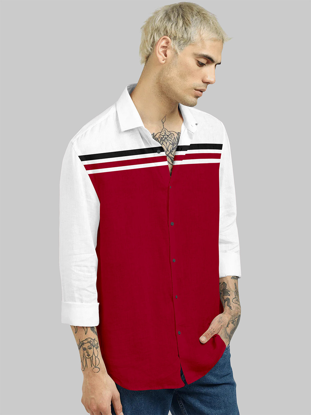 

Fashion FRICKS Men Maroon Classic Colourblocked Cotton Casual Shirt