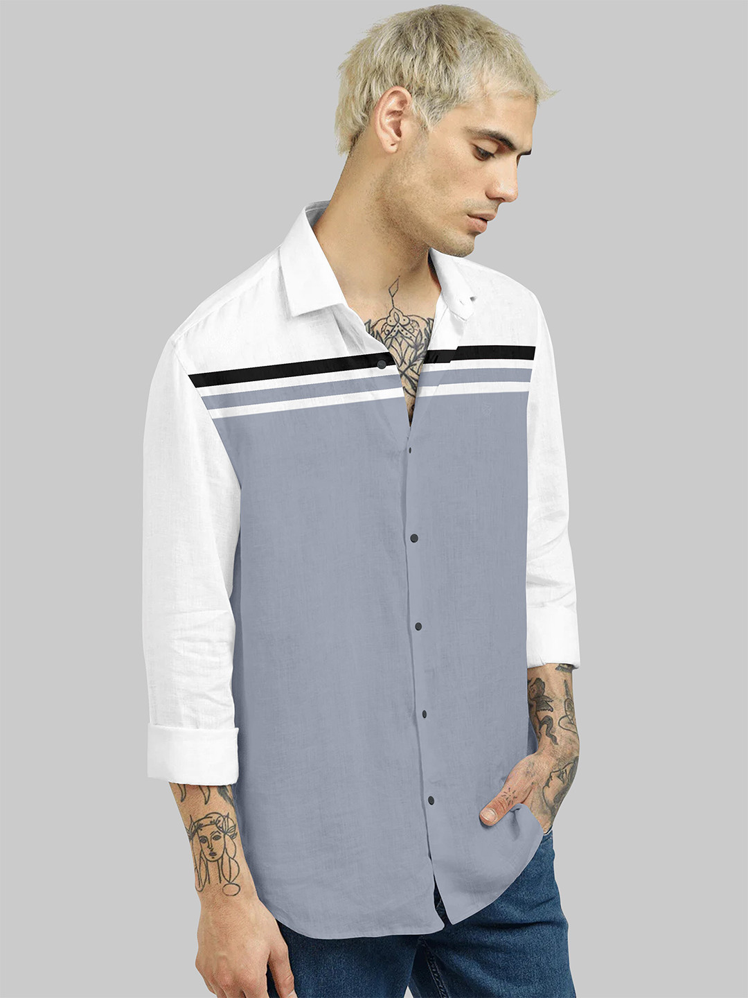 

Fashion FRICKS Men Grey Classic Colourblocked Cotton Casual Shirt
