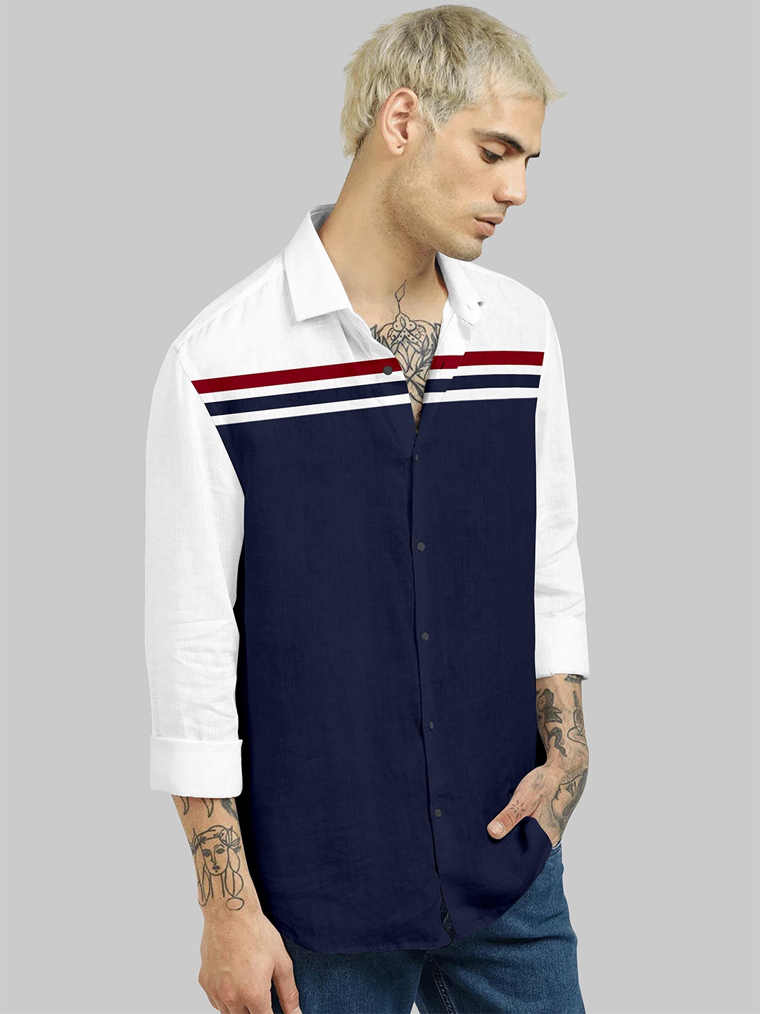 

Fashion FRICKS Men Navy Blue Classic Colourblocked Cotton Casual Shirt