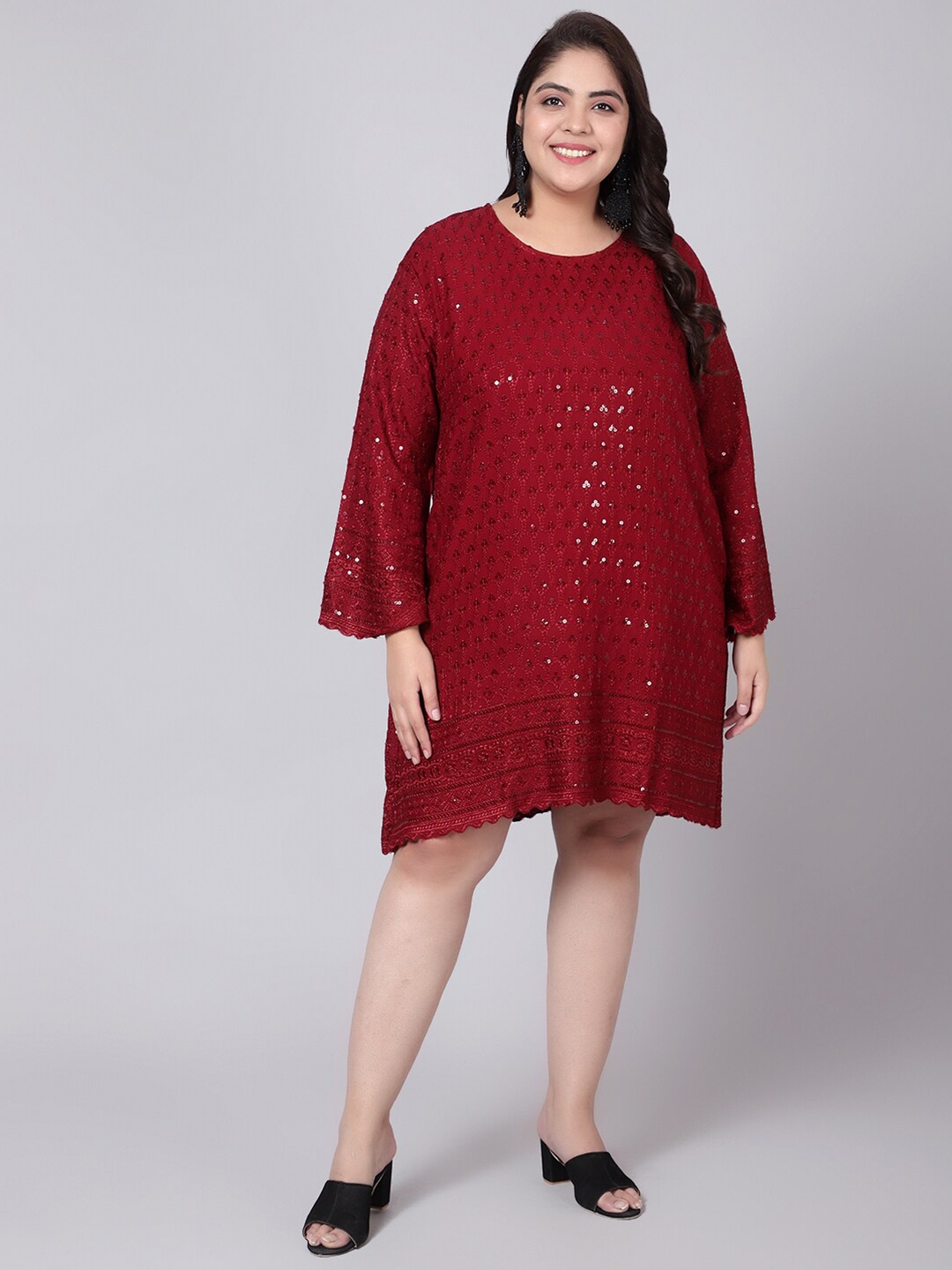 

Indietoga Plus Size Maroon Embroidered & Sequinned Scalloped A-Line Knee-Length Dress, Red