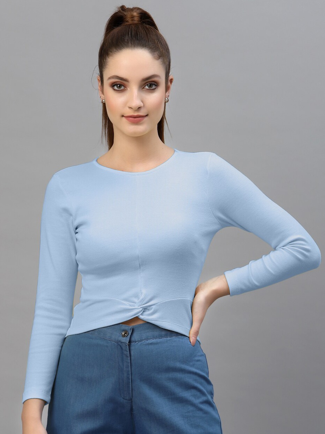 

Friskers Rib Knot Fitted Cotton Crop Top, Turquoise blue