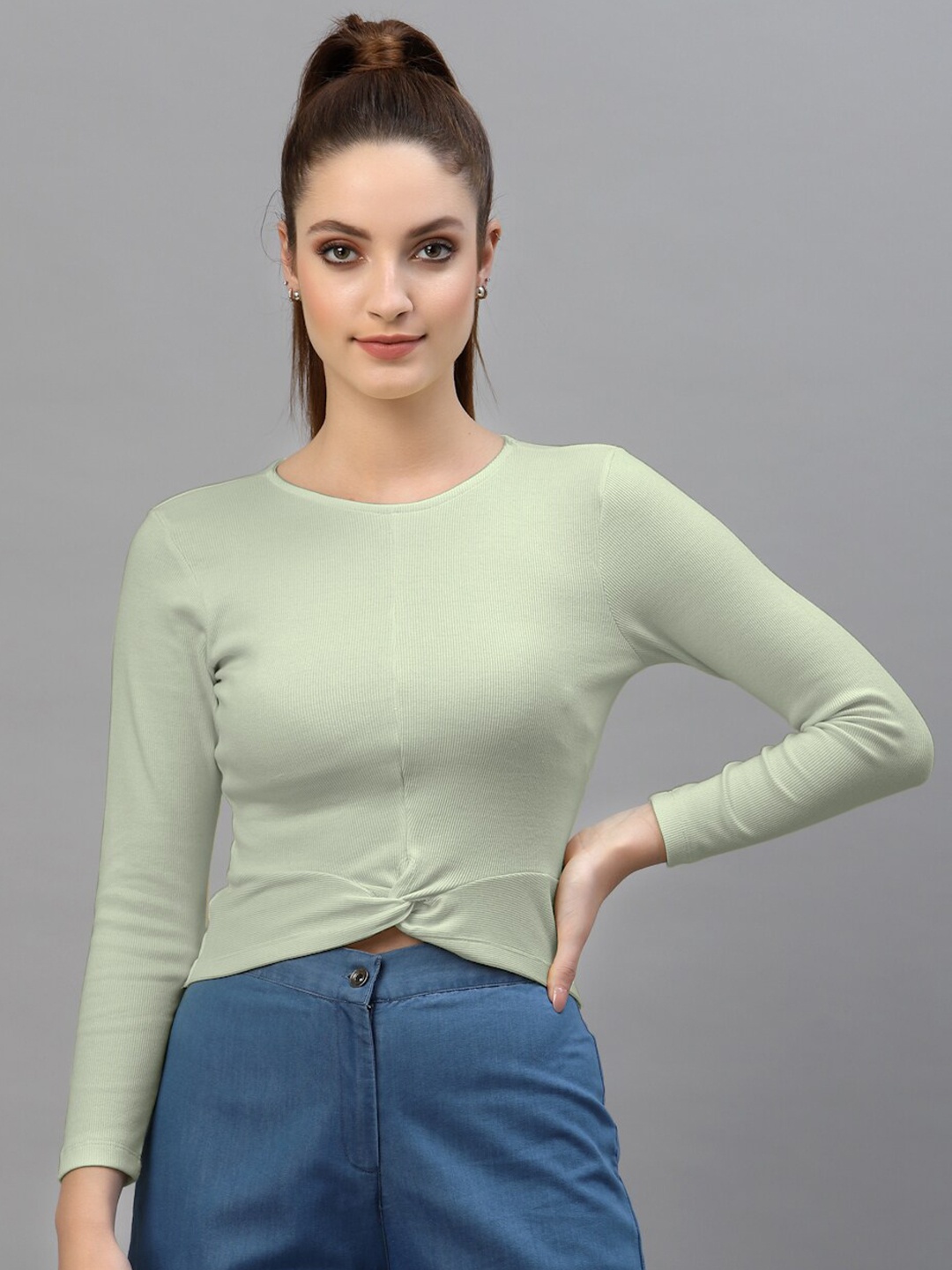 

Friskers Sea Green Fitted Rib Crop Top