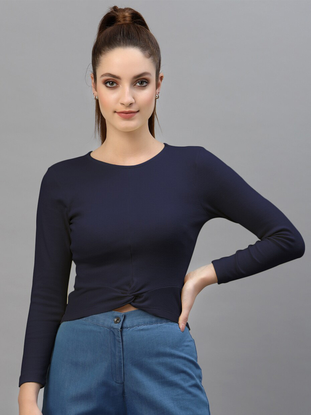 

Friskers Navy Blue Fitted Rib Crop Top