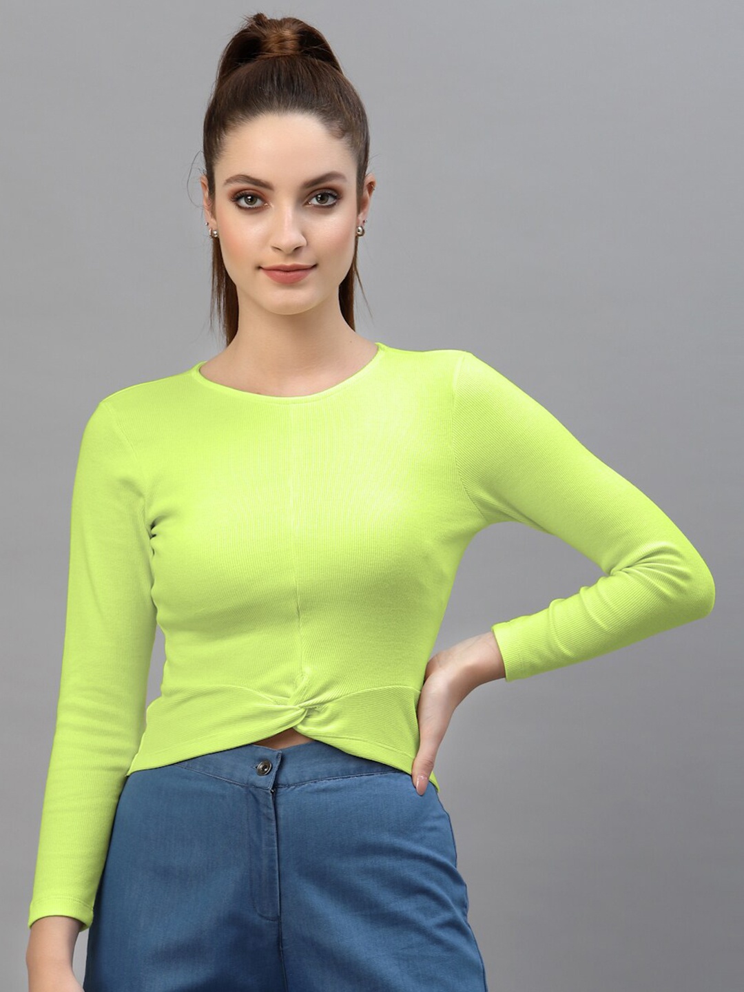 

Friskers Fluorescent Green Crop Casual Top