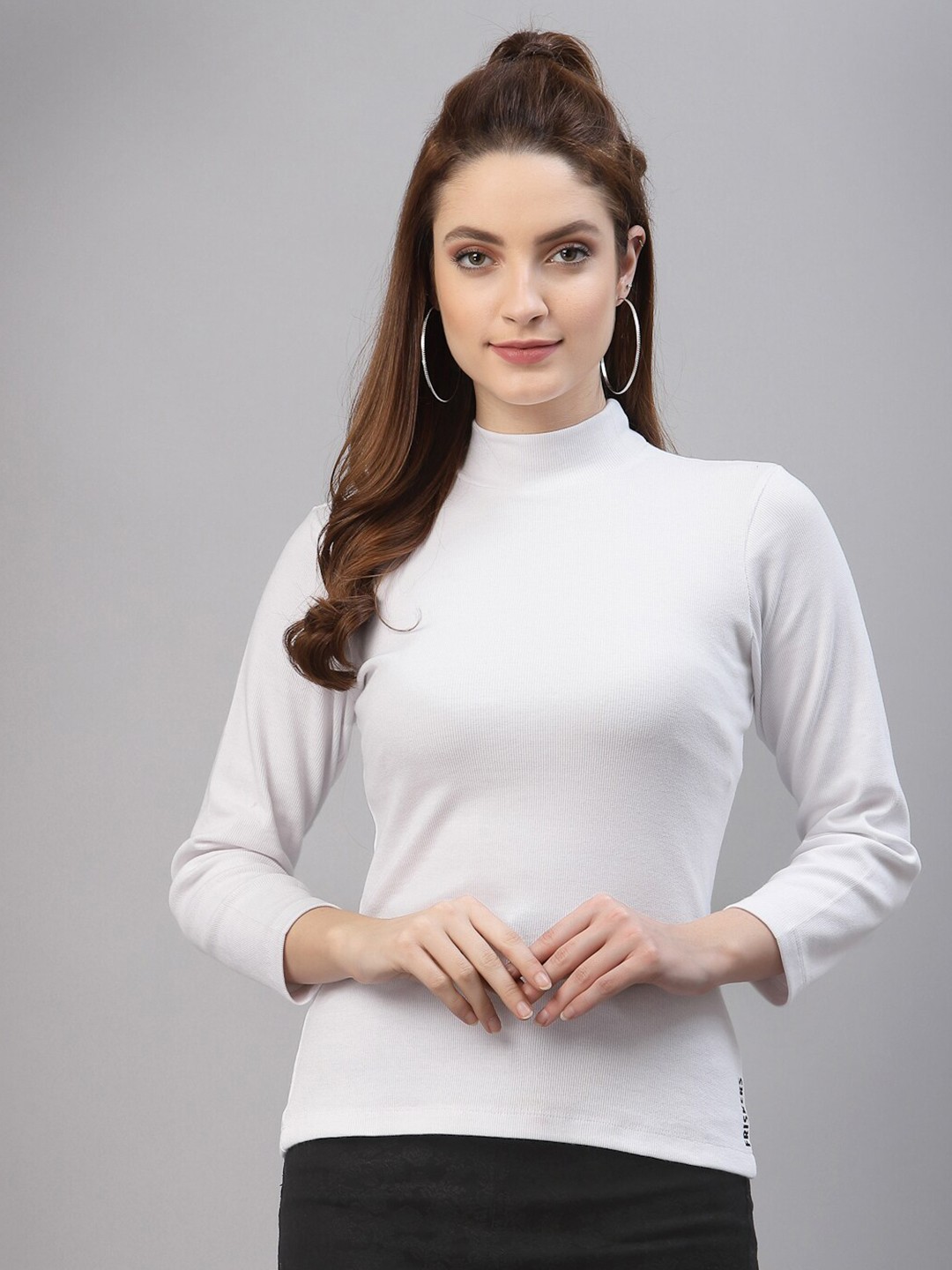 

Friskers White High Neck Long Sleeve Casual Top