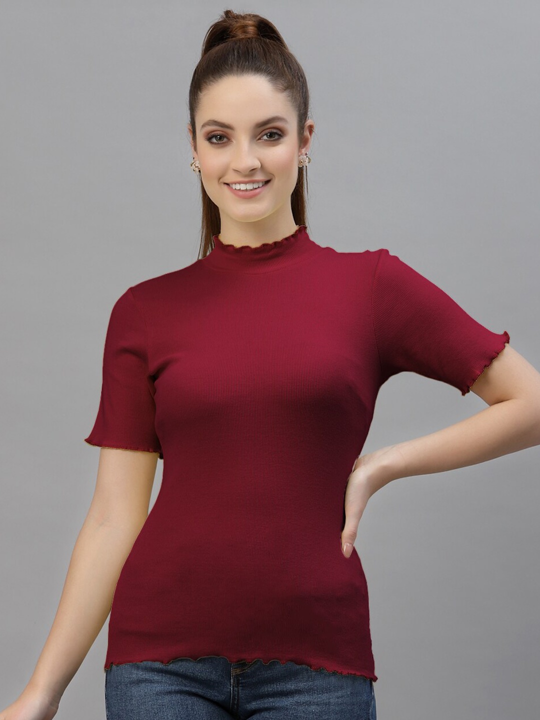 

Friskers Maroon High Neck Short Sleeve Casual Top