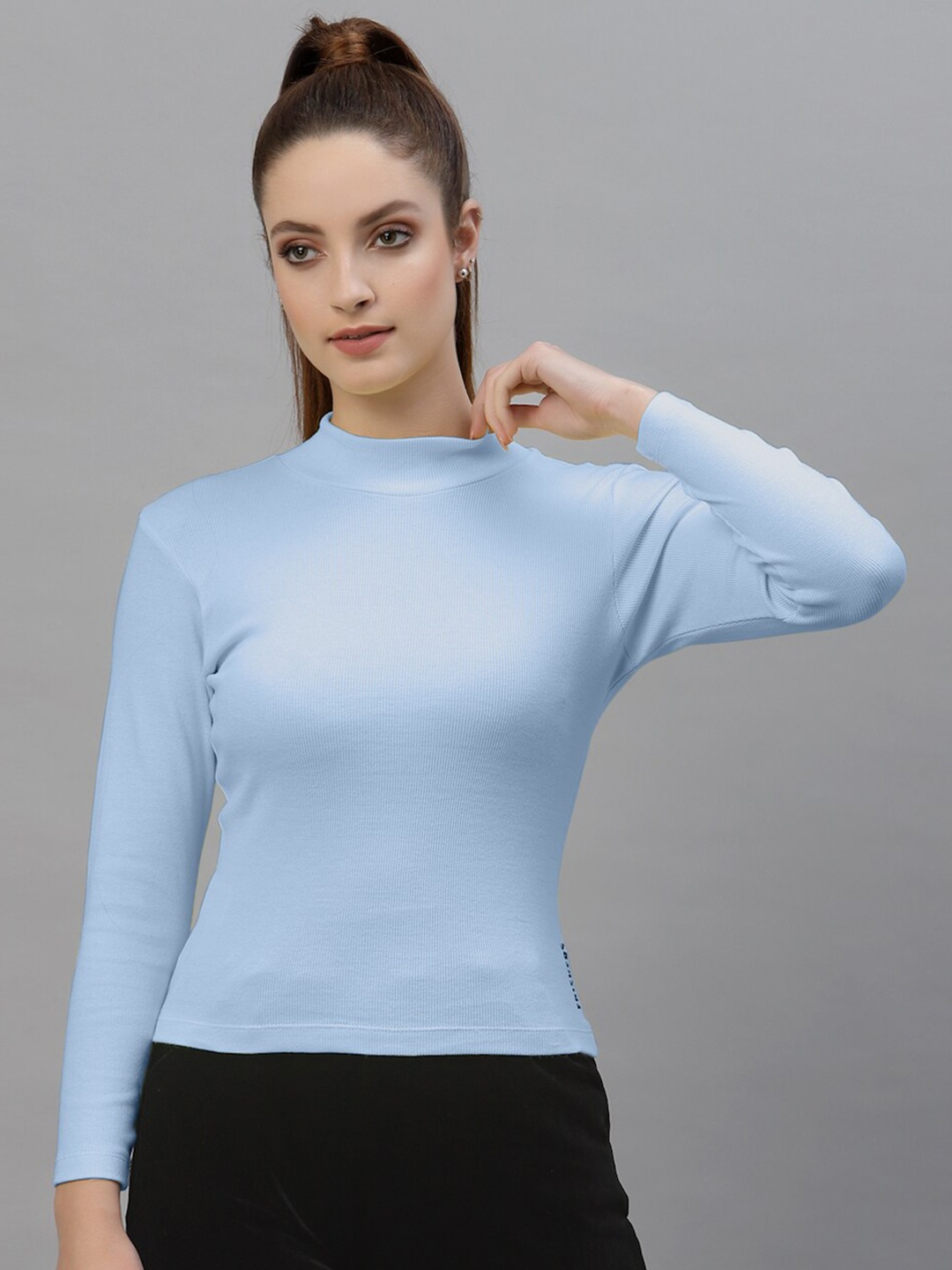 

Friskers Turquoise Blue High Neck Long Sleeve Casual Top