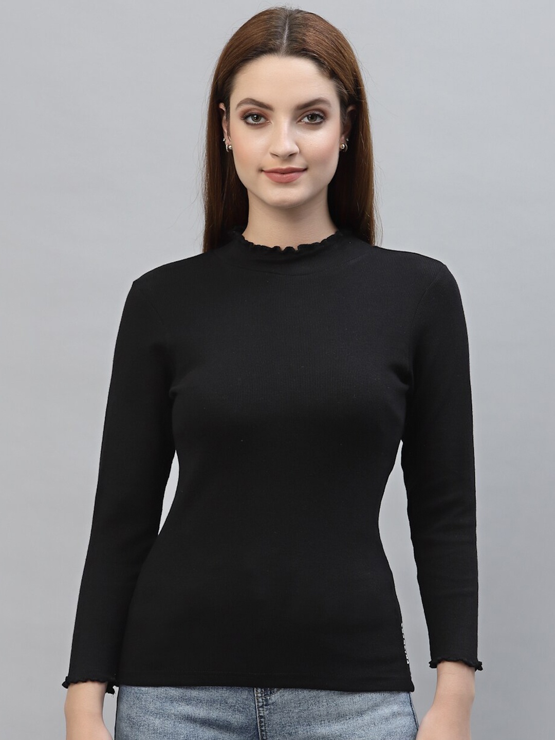 

Friskers Black High Neck Long Sleeve Casual Top