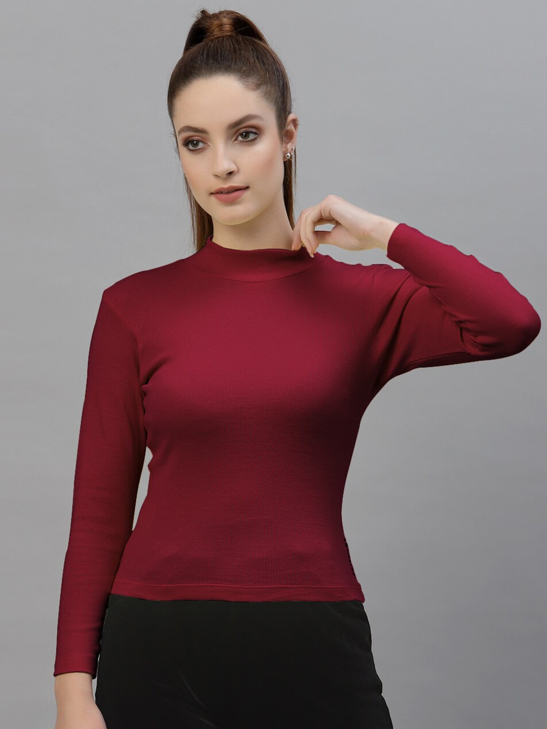 

Friskers Maroon High Neck Long Sleeve Casual Top