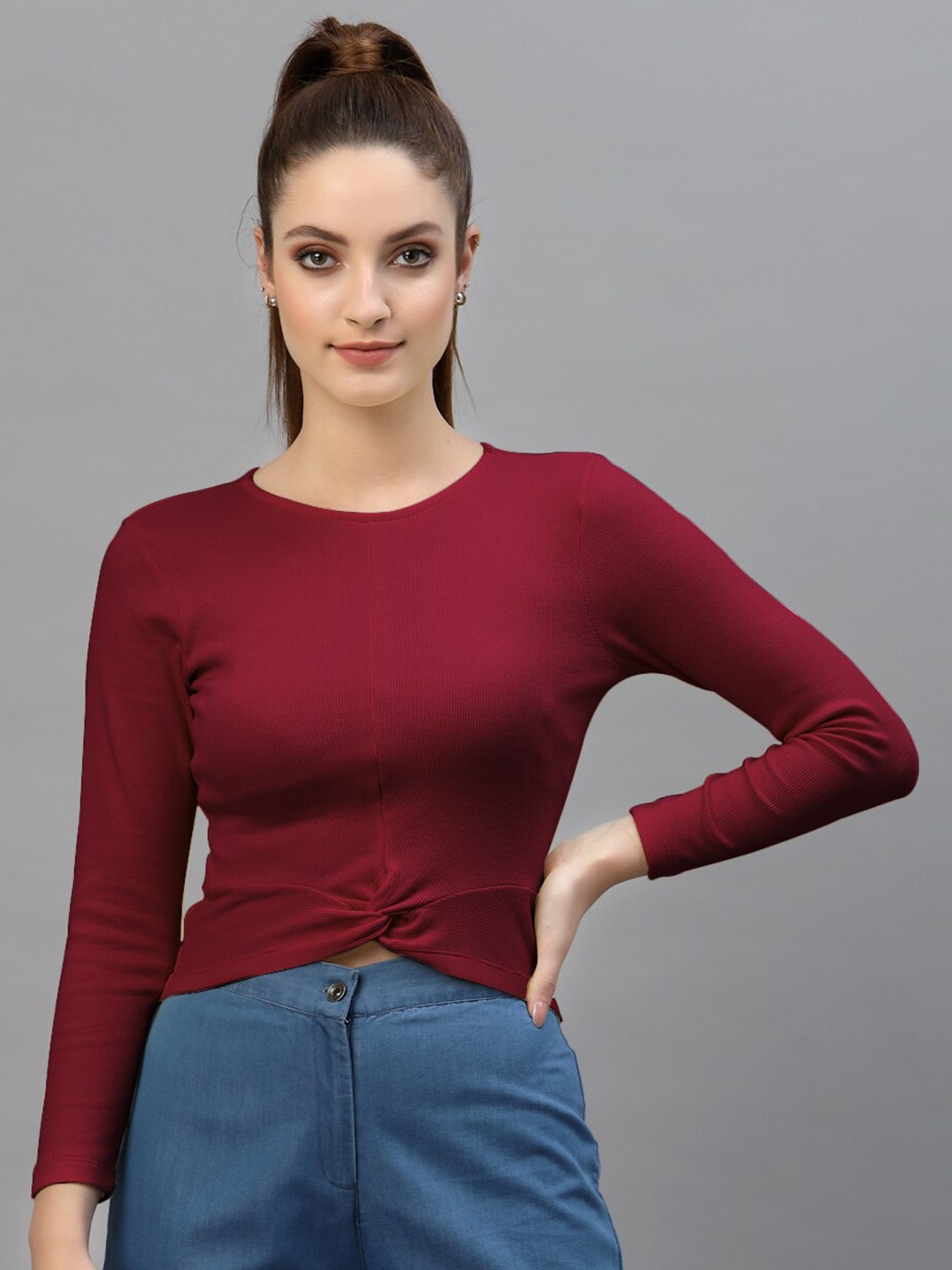 

Friskers Maroon Crop Casual Top