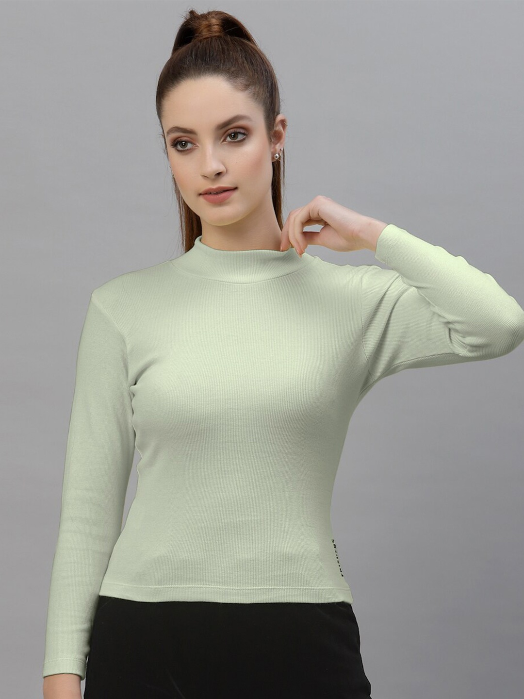 

Friskers Sea Green High Neck Long Sleeve Casual Top