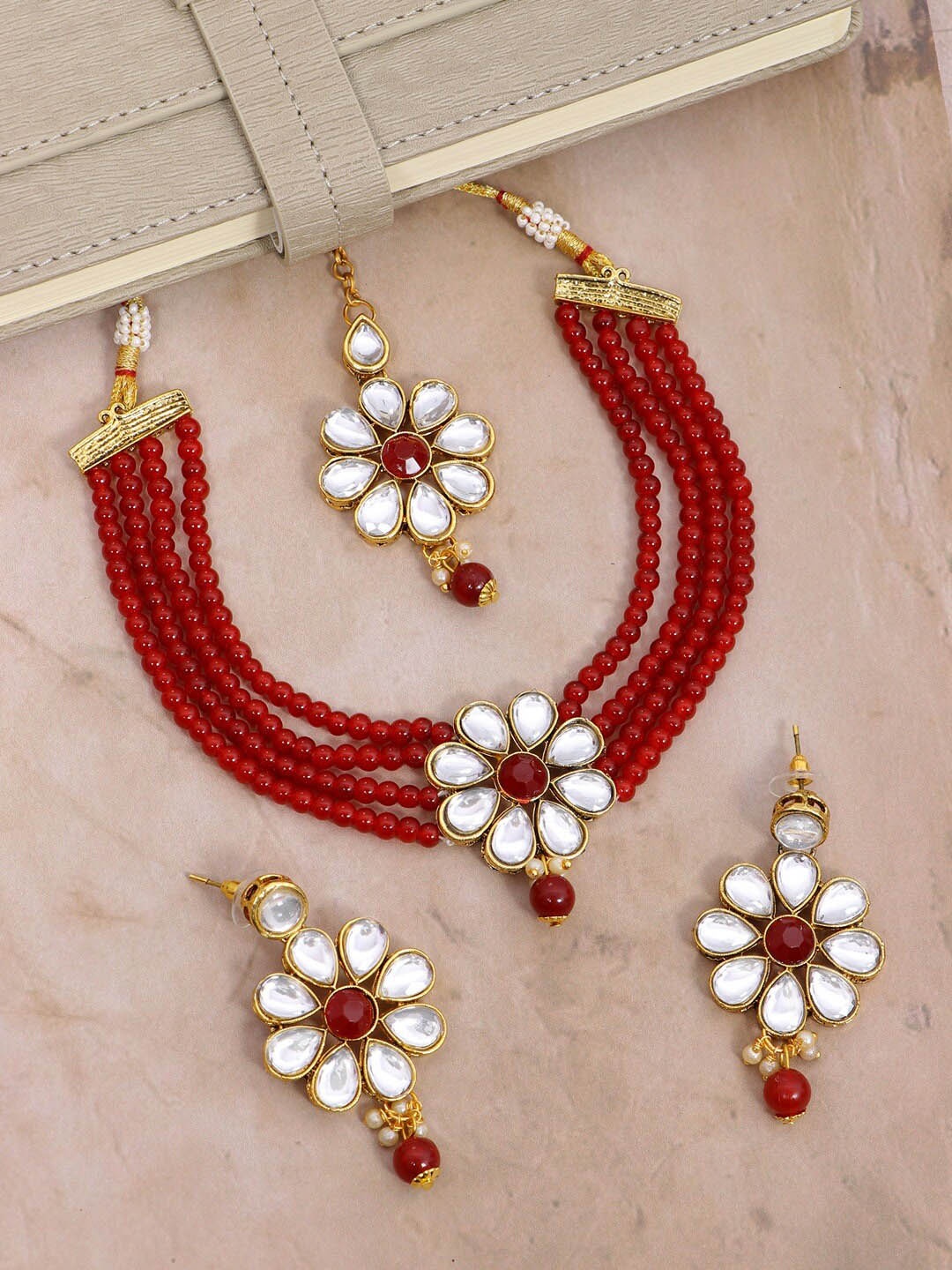 

Crunchy Fashion Gold-Plated Red & White Stones & Pearls Studded Jewellery Set