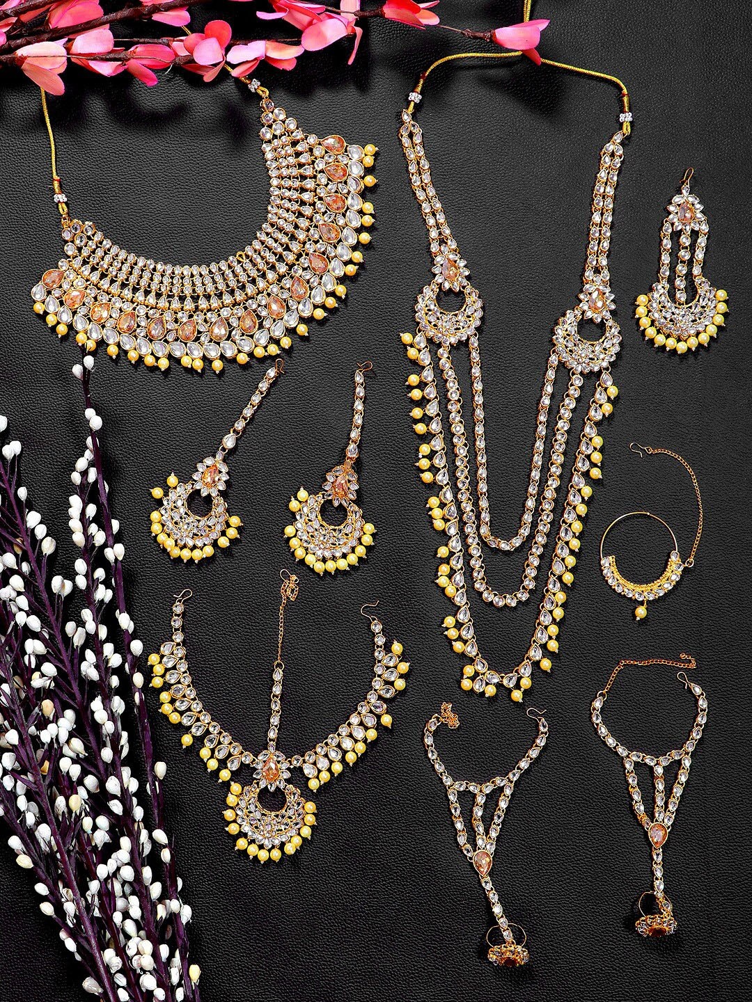 

Crunchy Fashion Gold-Plated Yellow & White Kundan Studded Jewellery Set