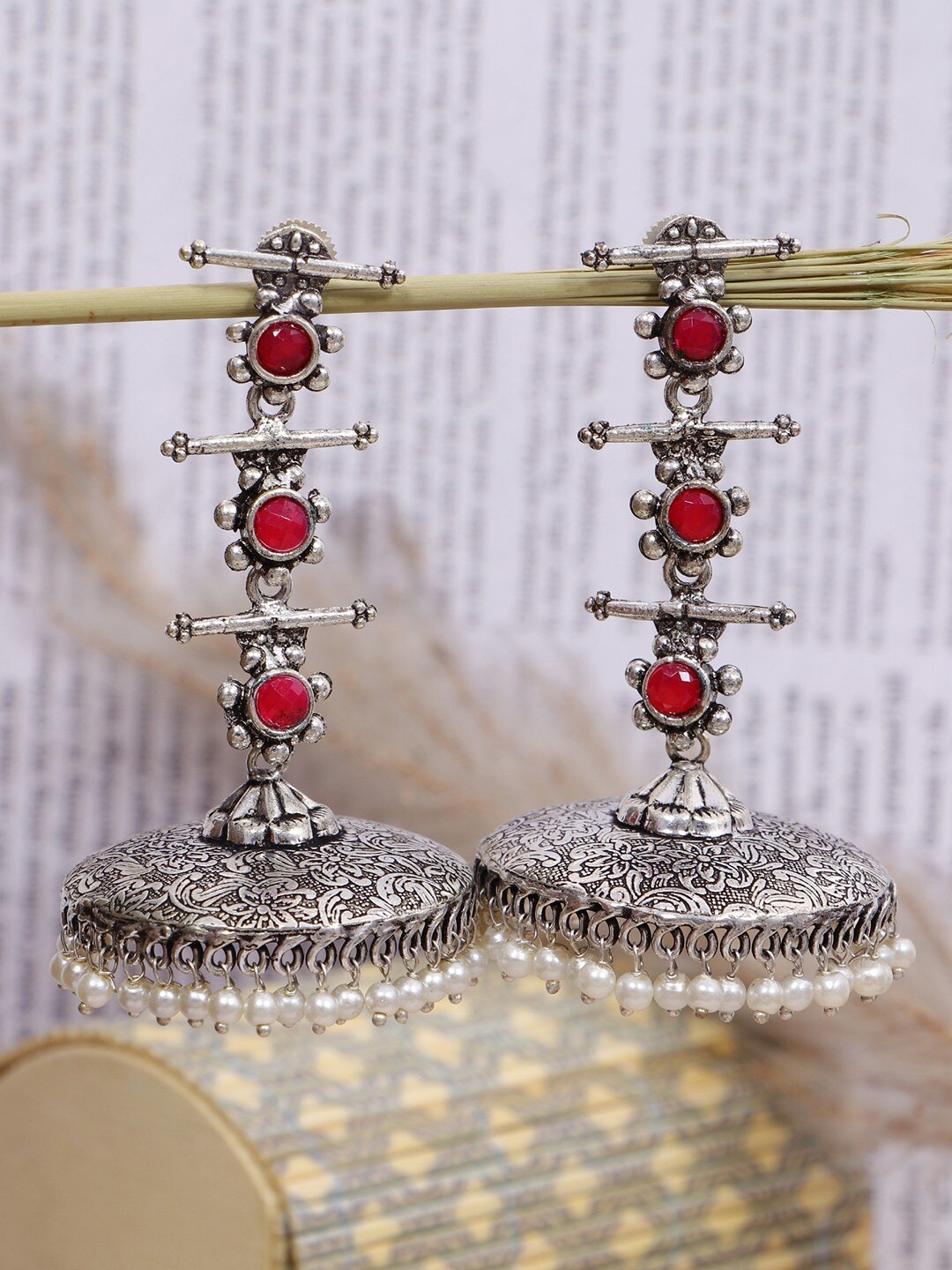 

Crunchy Fashion Silver-Toned & Red Contemporary Jhumkas Earrings