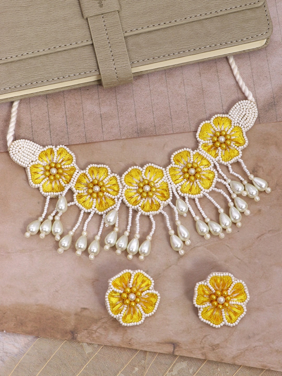 

Crunchy Fashion White & Yellow Beaded Fabric Handmade Jewellery Set