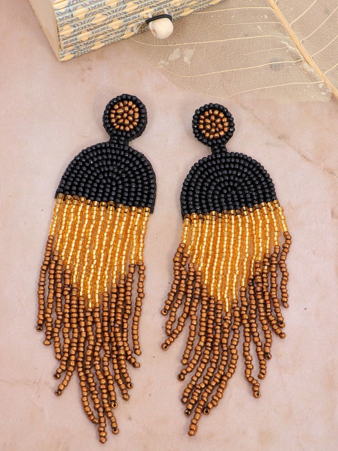Crunchy Fashion Black & Gold-Toned Contemporary Drop Earrings