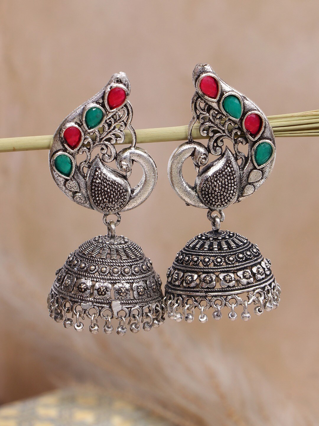 

Crunchy Fashion Red Silver Plated Classic Jhumkas Earrings