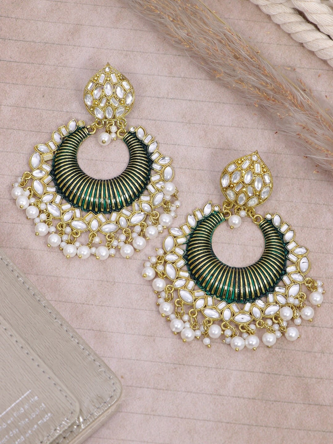 

Crunchy Fashion Green Gold-Plated Classic Chandbalis Earrings