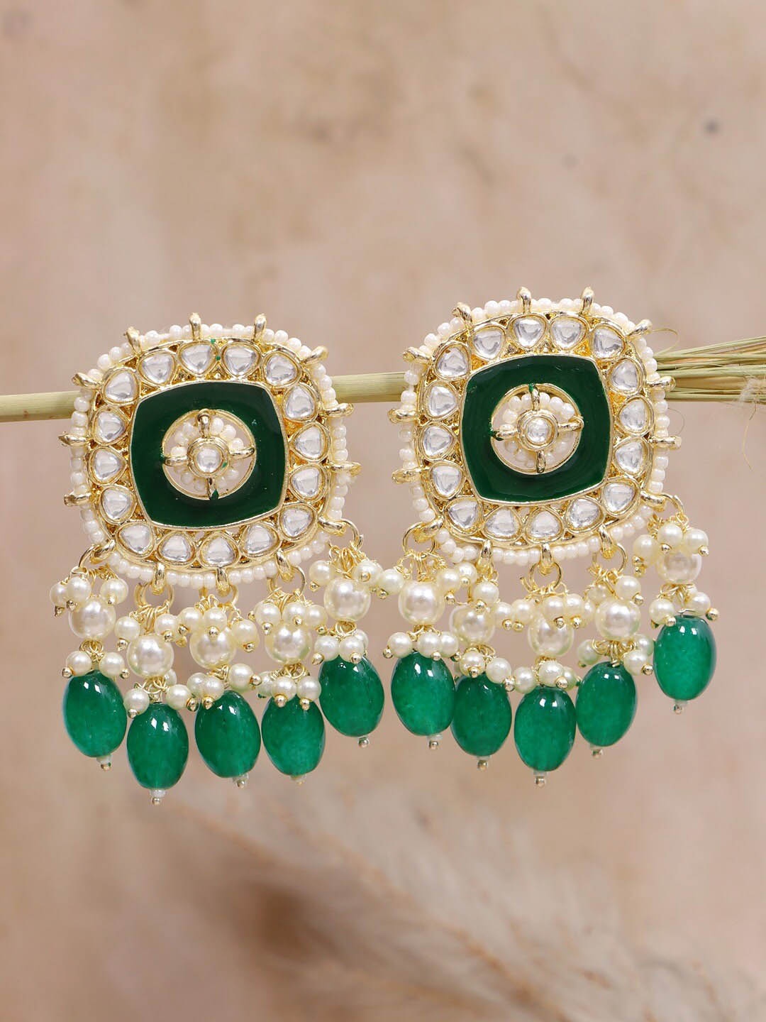 

Crunchy Fashion Green Gold-Plated Geometric Drop Earrings