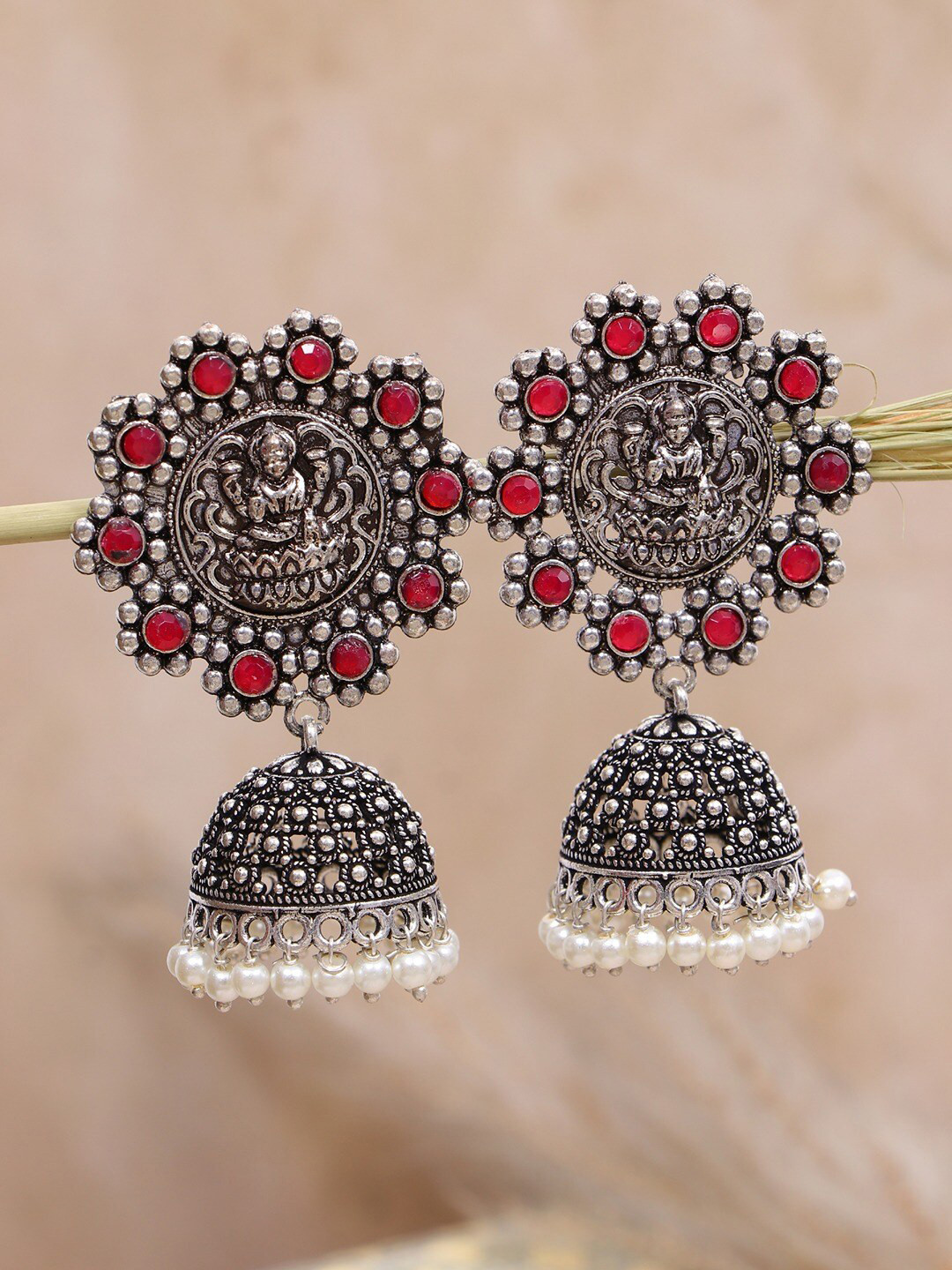 

Crunchy Fashion Red Silver Plated Classic Jhumkas Earrings