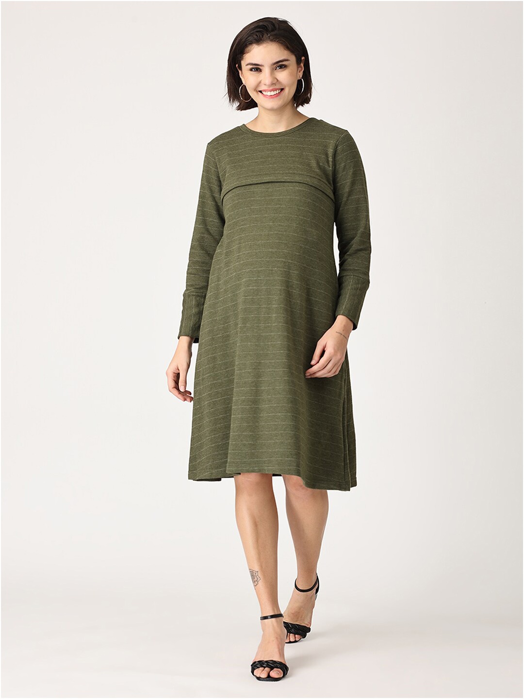 

The Mom Store Olive Green Striped Maternity A-Line Dress