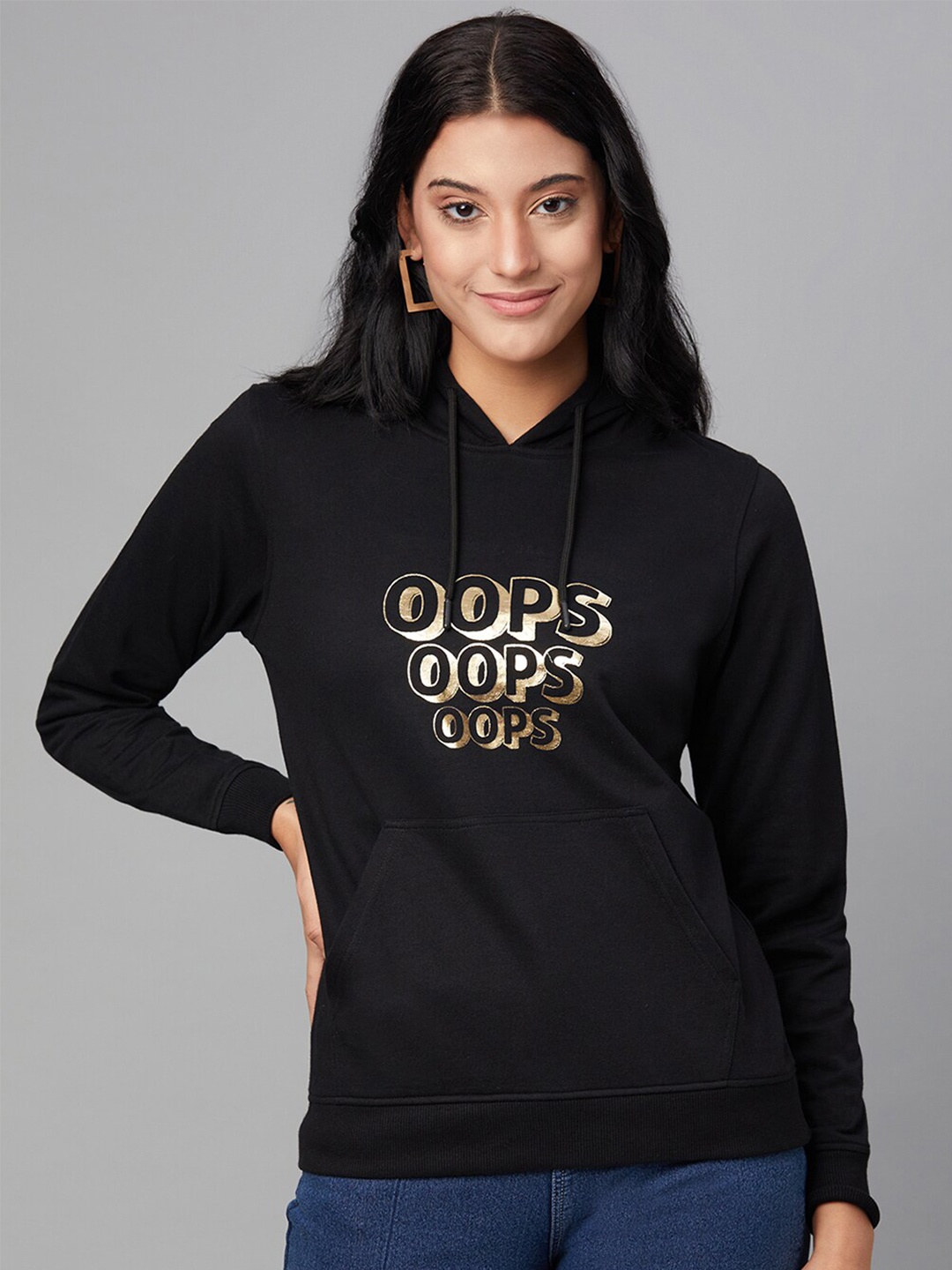 

Club York Women Black Cotton Printed Hooded Sweatshirt