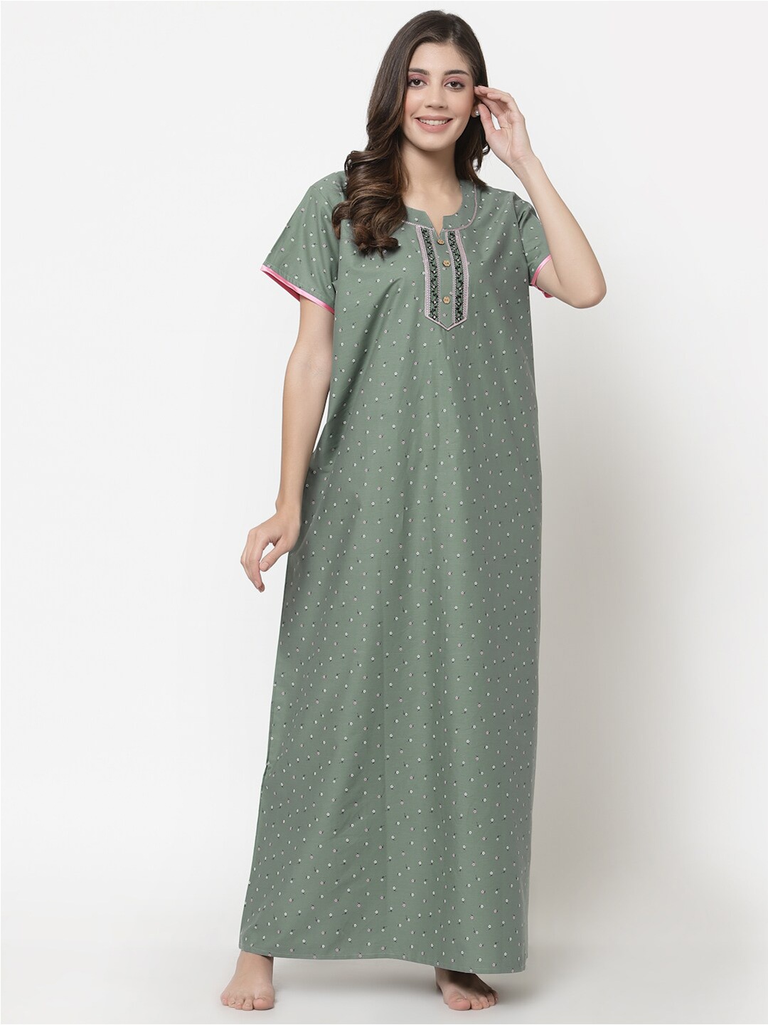 

Sweet Dreams Green Printed Maxi Pure Cotton Nightdress