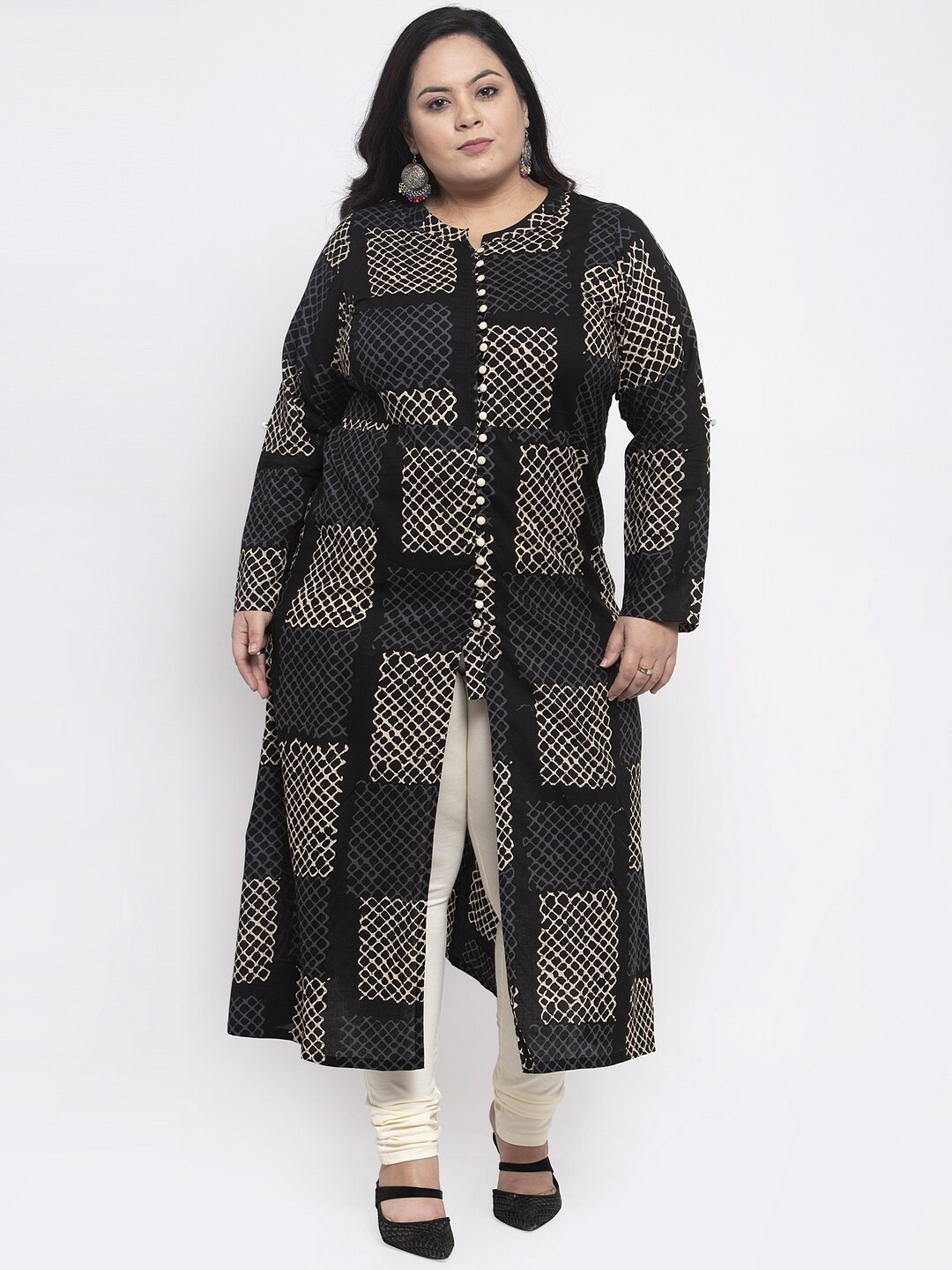 

plusS Geometric Printed Cotton Straight Regular Kurta, Black