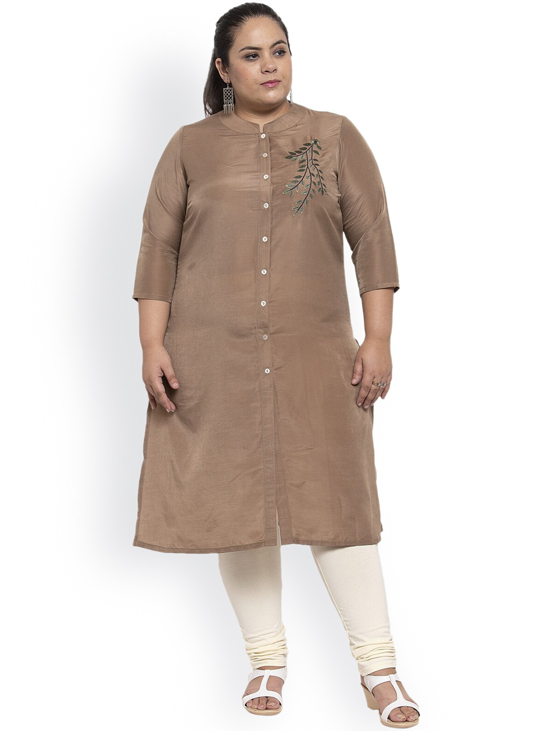 

plusS Women Brown Thread Work Cotton Kurta