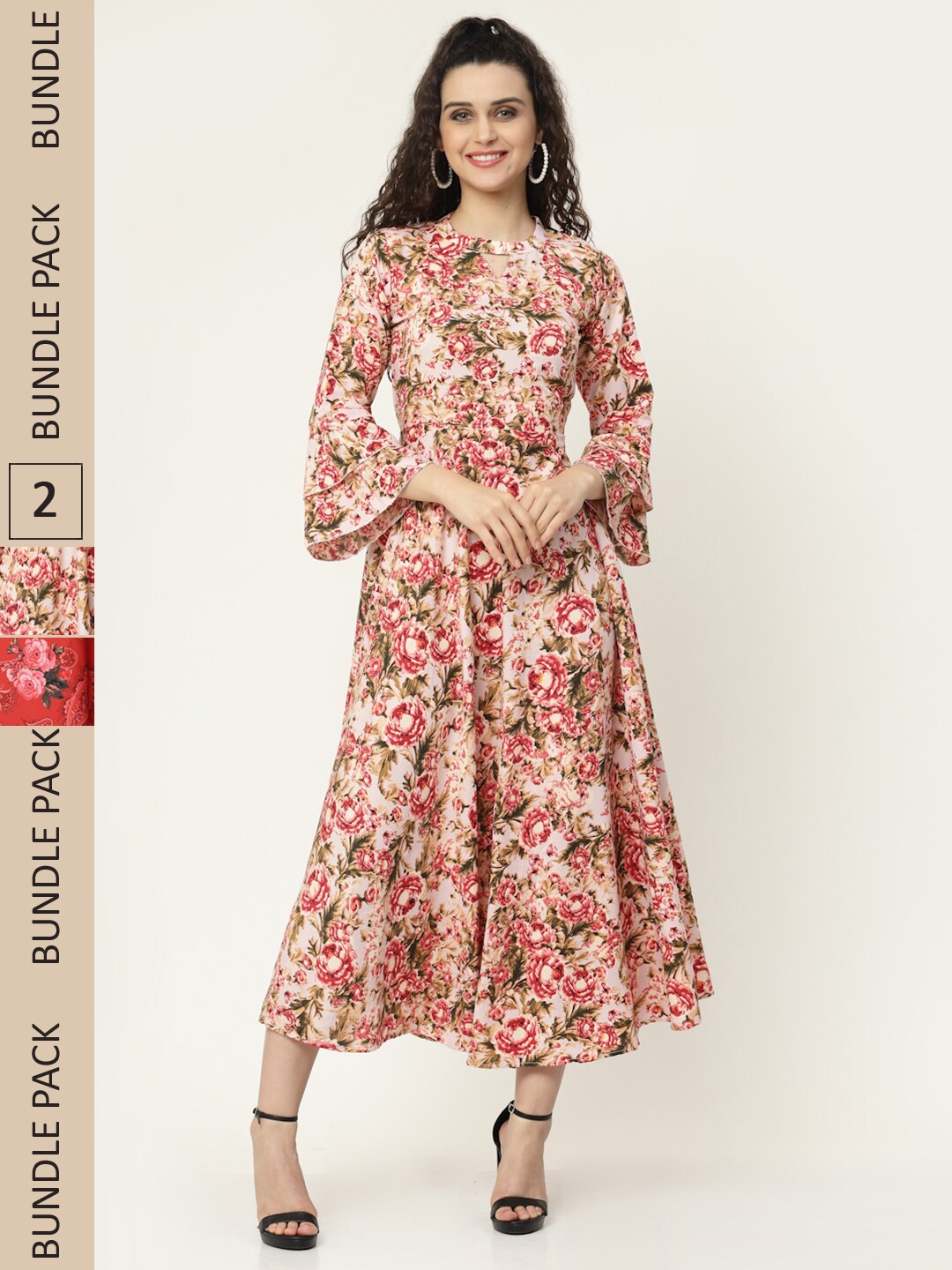 

MISS AYSE Pack of 2 Cream-Coloured & Coral Floral Midi Dress