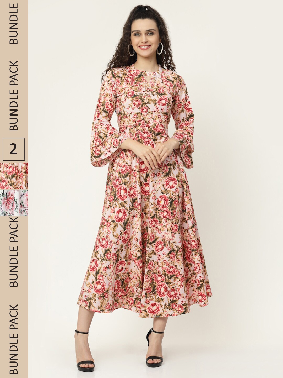 

MISS AYSE Pack of 2 Cream-Coloured & White Floral Midi Dress