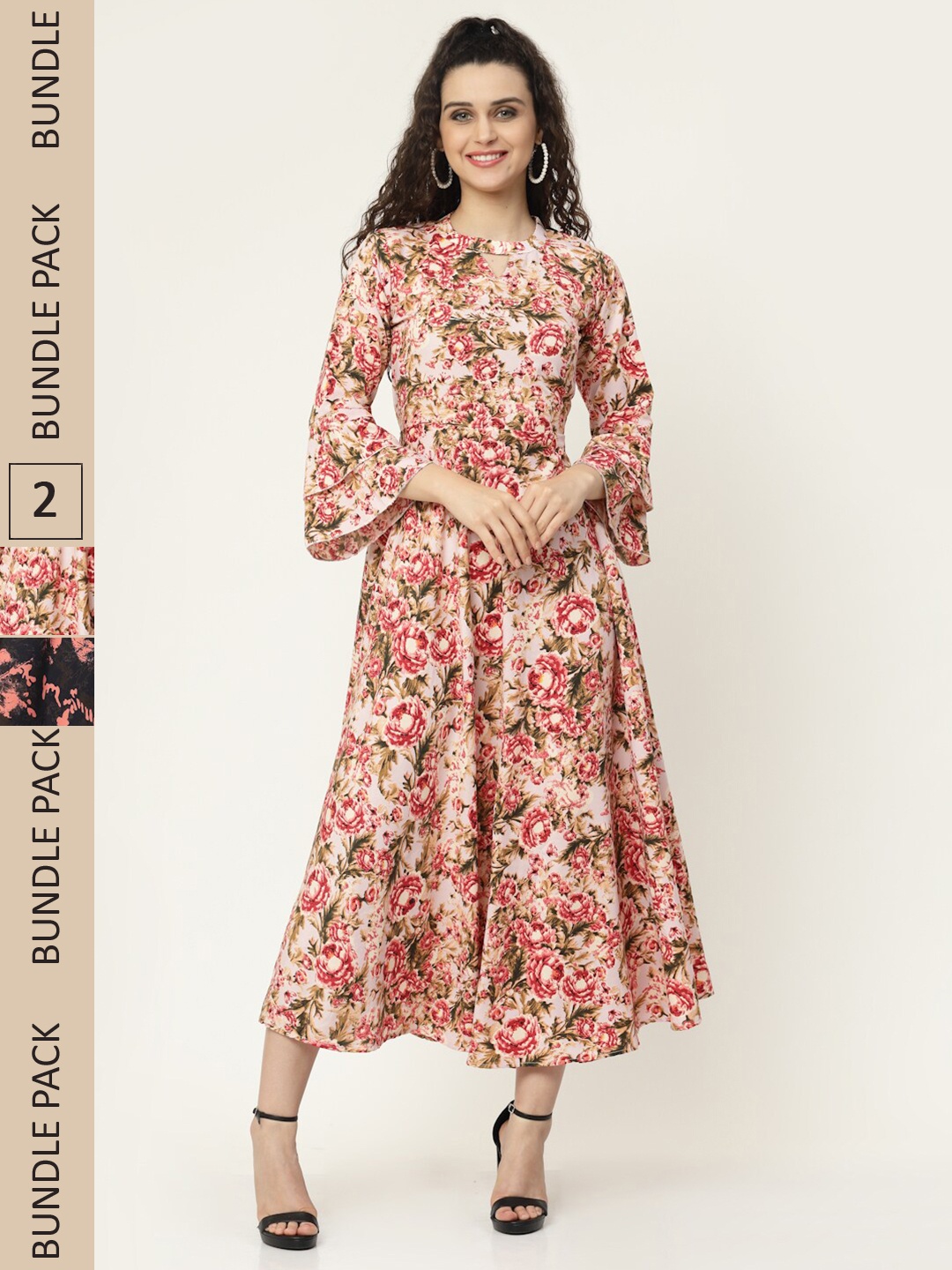 

MISS AYSE Pack of 2 Cream-Coloured & Black Floral Midi Dress