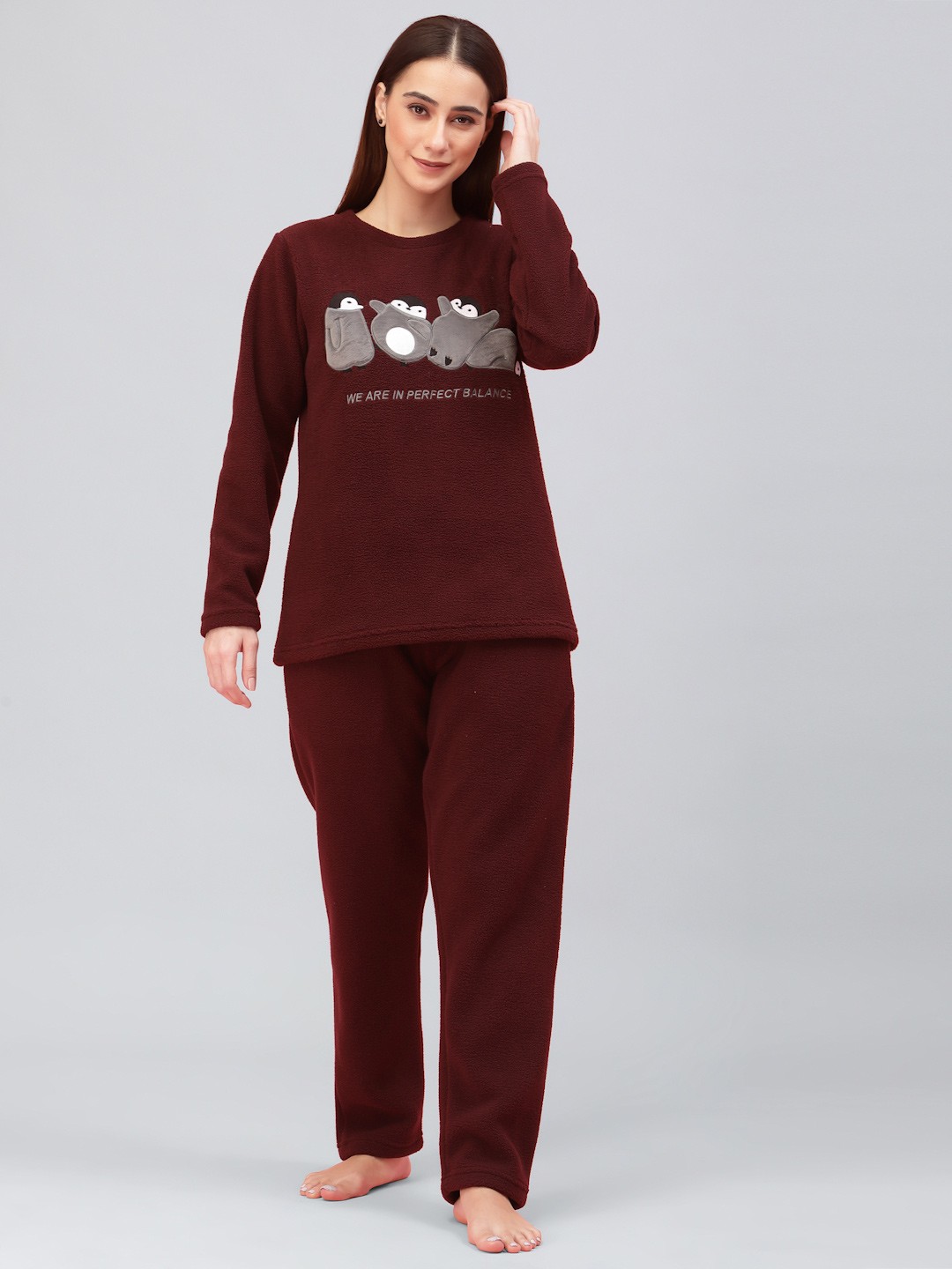 

Sweet Dreams Women Polar Fleece Applique Winter Night Suit, Maroon