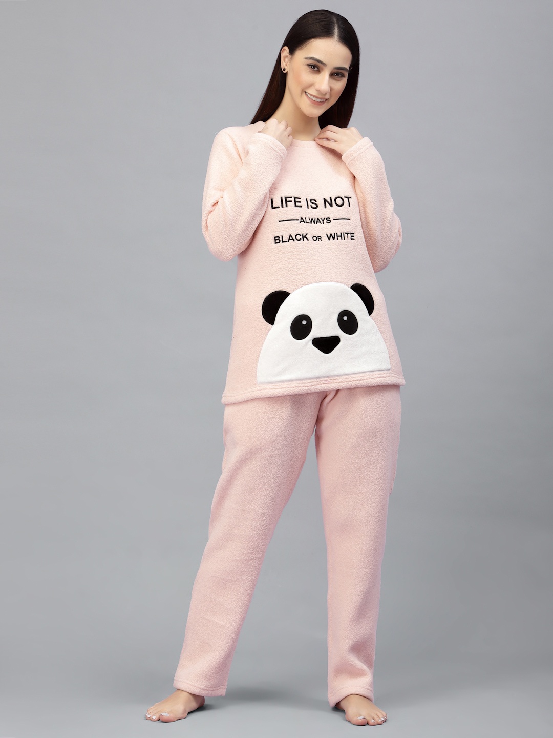 

Sweet Dreams Women Polar Fleece Applique Winter Night Suit, Peach