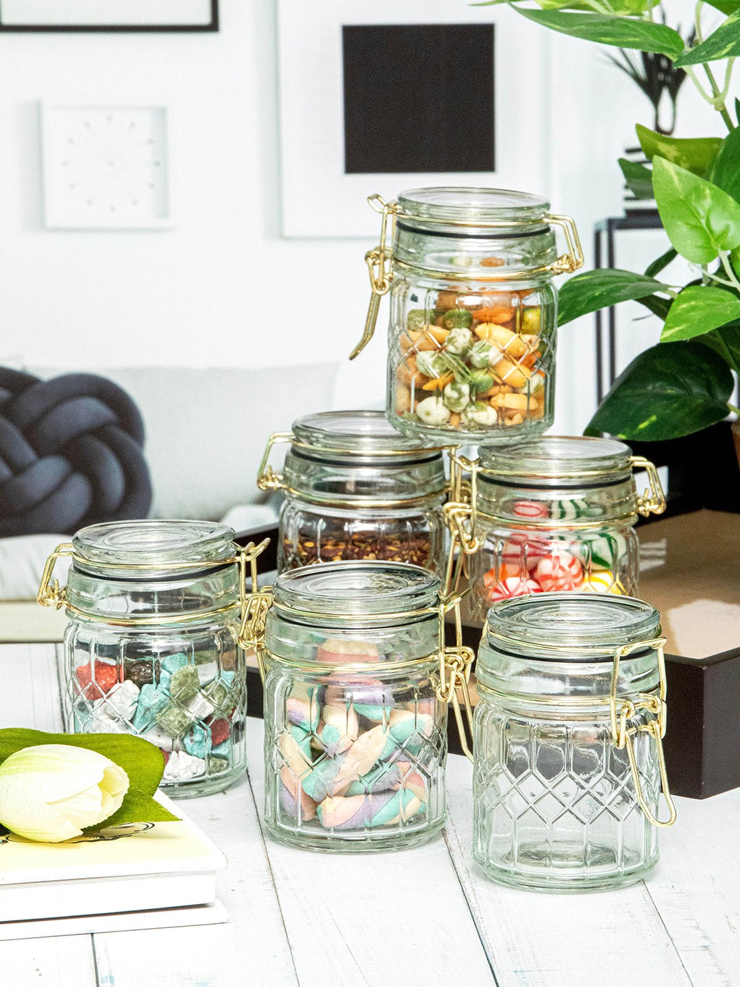 

White Gold Set Of 6 Transparent Textured Glass Storage Jar With Clip Lid 130 ml each