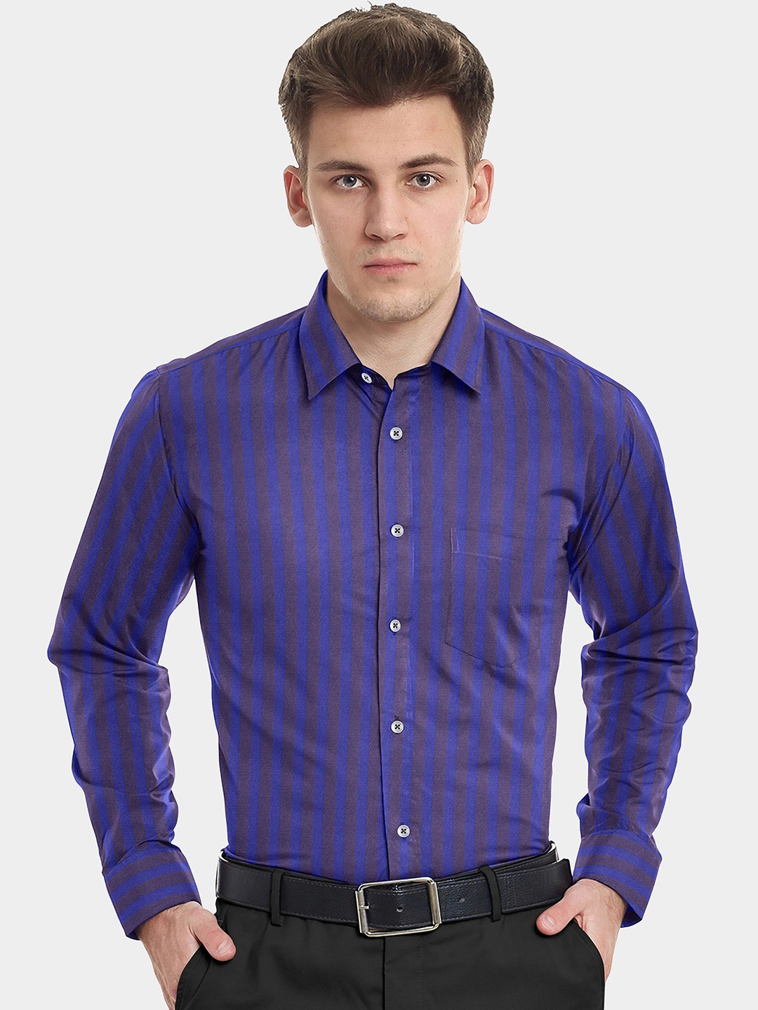 

FRENCH CROWN Men Blue Standard Striped Pure Cotton Formal Shirt