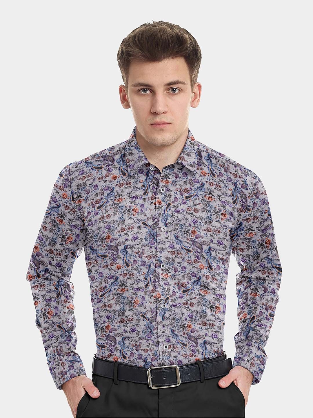 

FRENCH CROWN Men Grey Standard Floral Printed Pure Cotton Casual Shirt