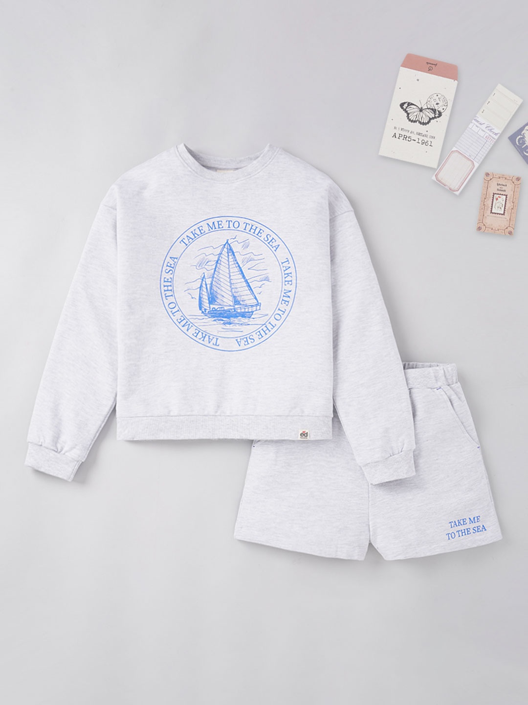 

edheads Girls Grey & Blue Printed Pure Cotton T-shirt with Shorts