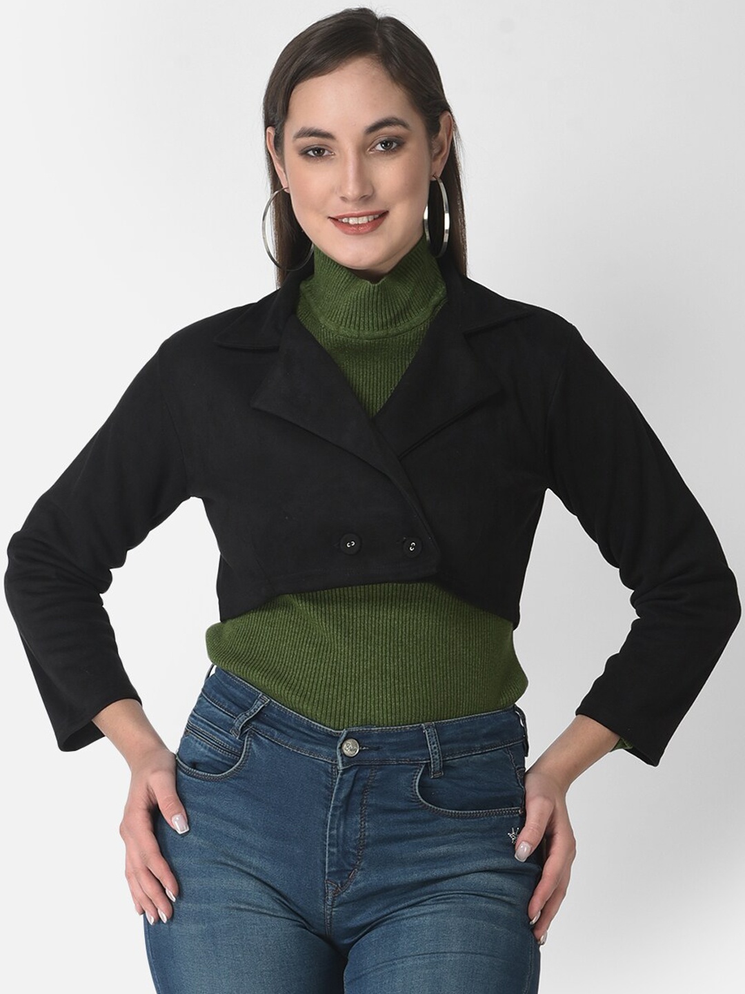 

FNOCKS Women Black Fleece Lightweight Crop Outdoor Tailored Jacket