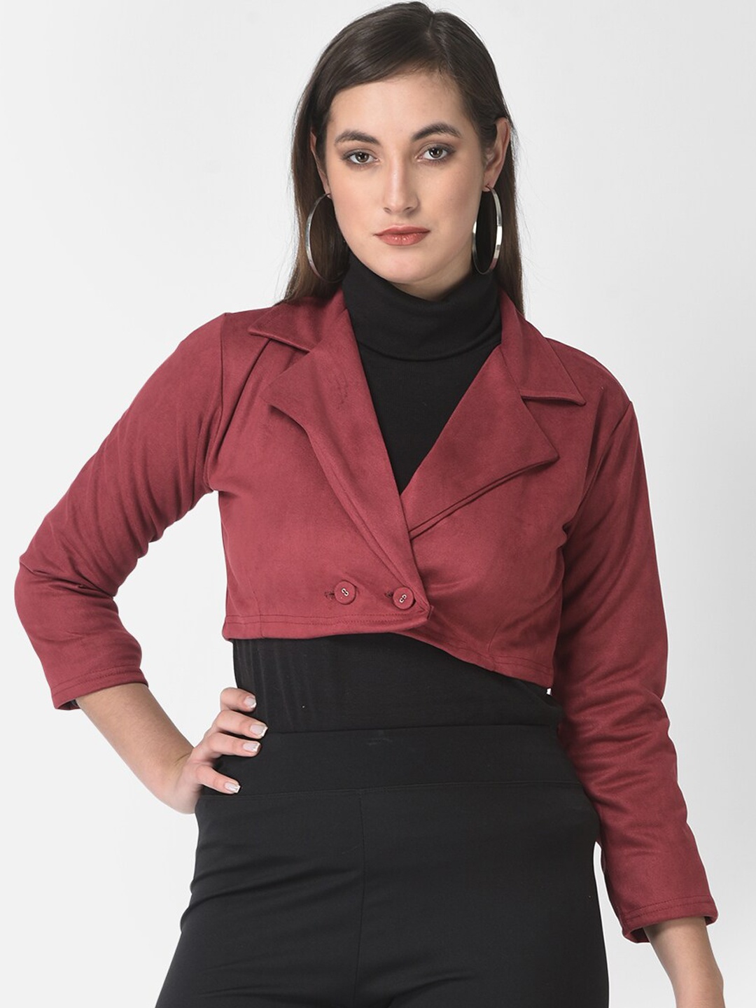 

FNOCKS Women Maroon Fleece Lightweight Crop Outdoor Tailored Jacket