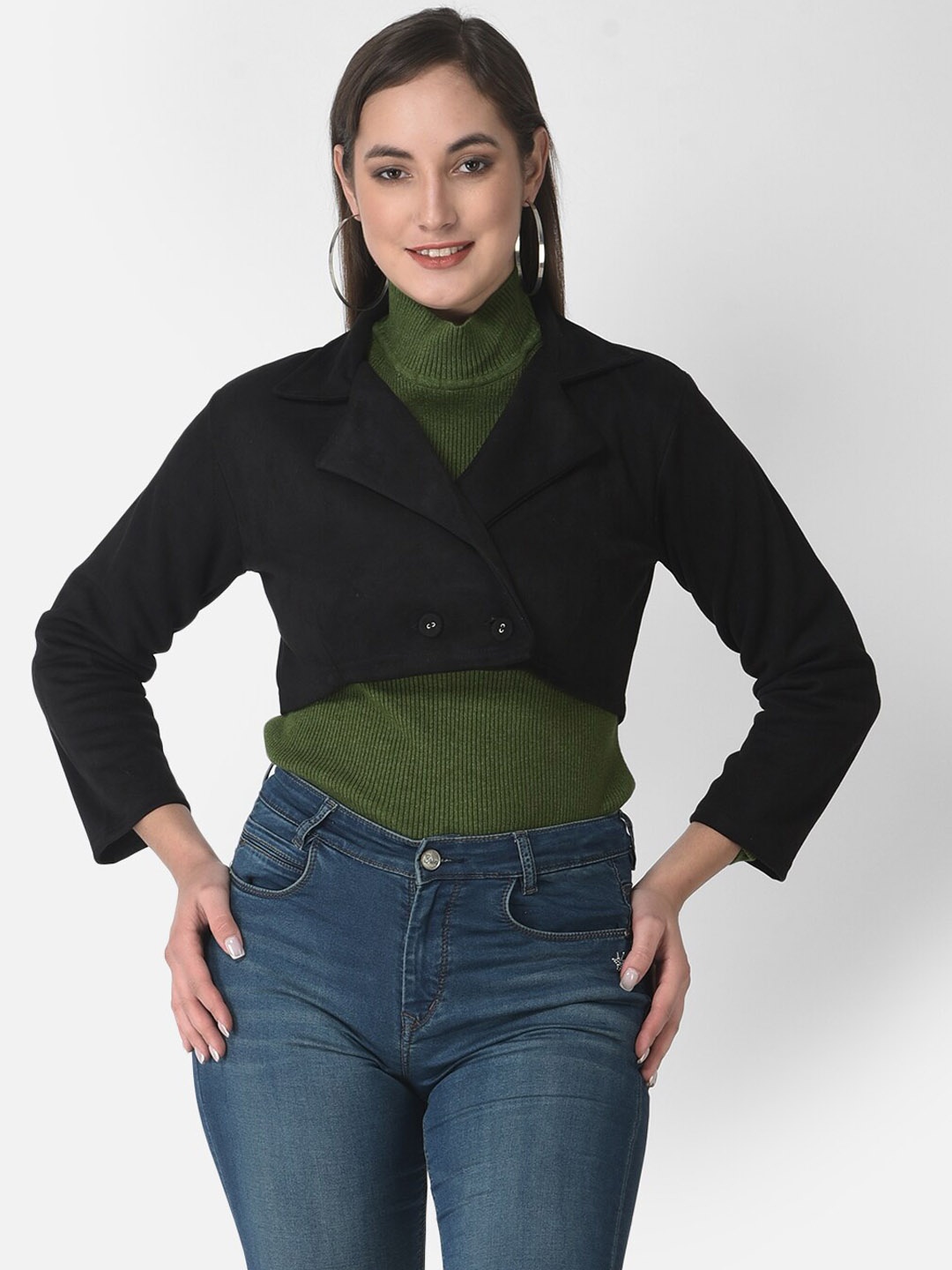 

FNOCKS Women Navy Blue Fleece Lightweight Crop Outdoor Tailored Jacket