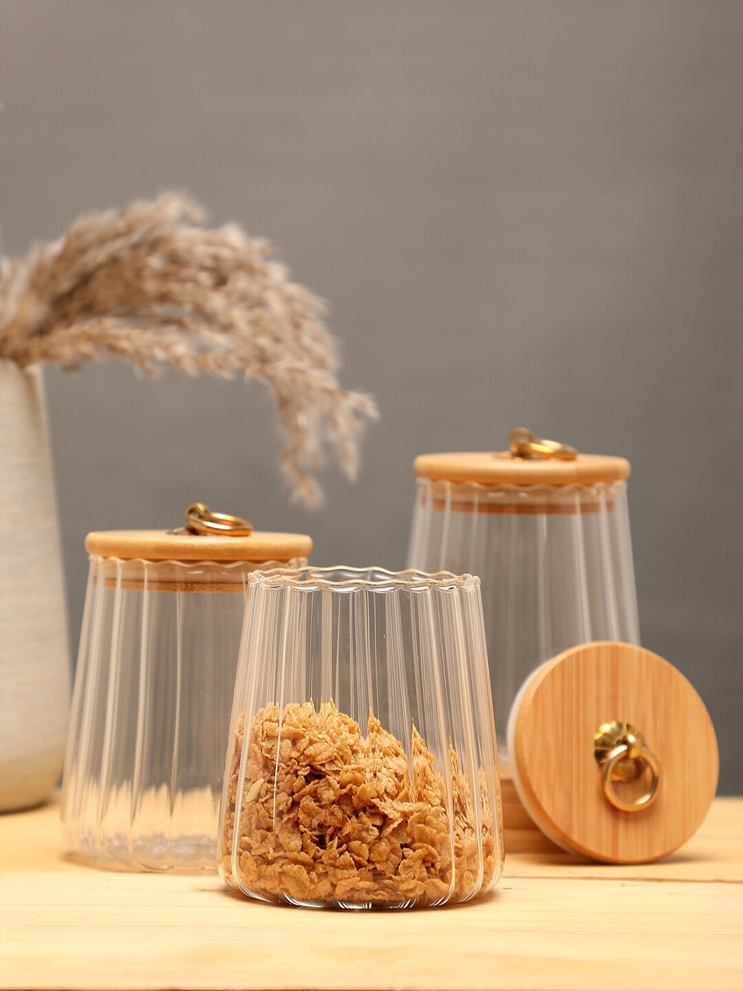 

Bonhomie Set of 3 Transparent & Brown Airtight Dishwasher Safe Storage jar with Lid