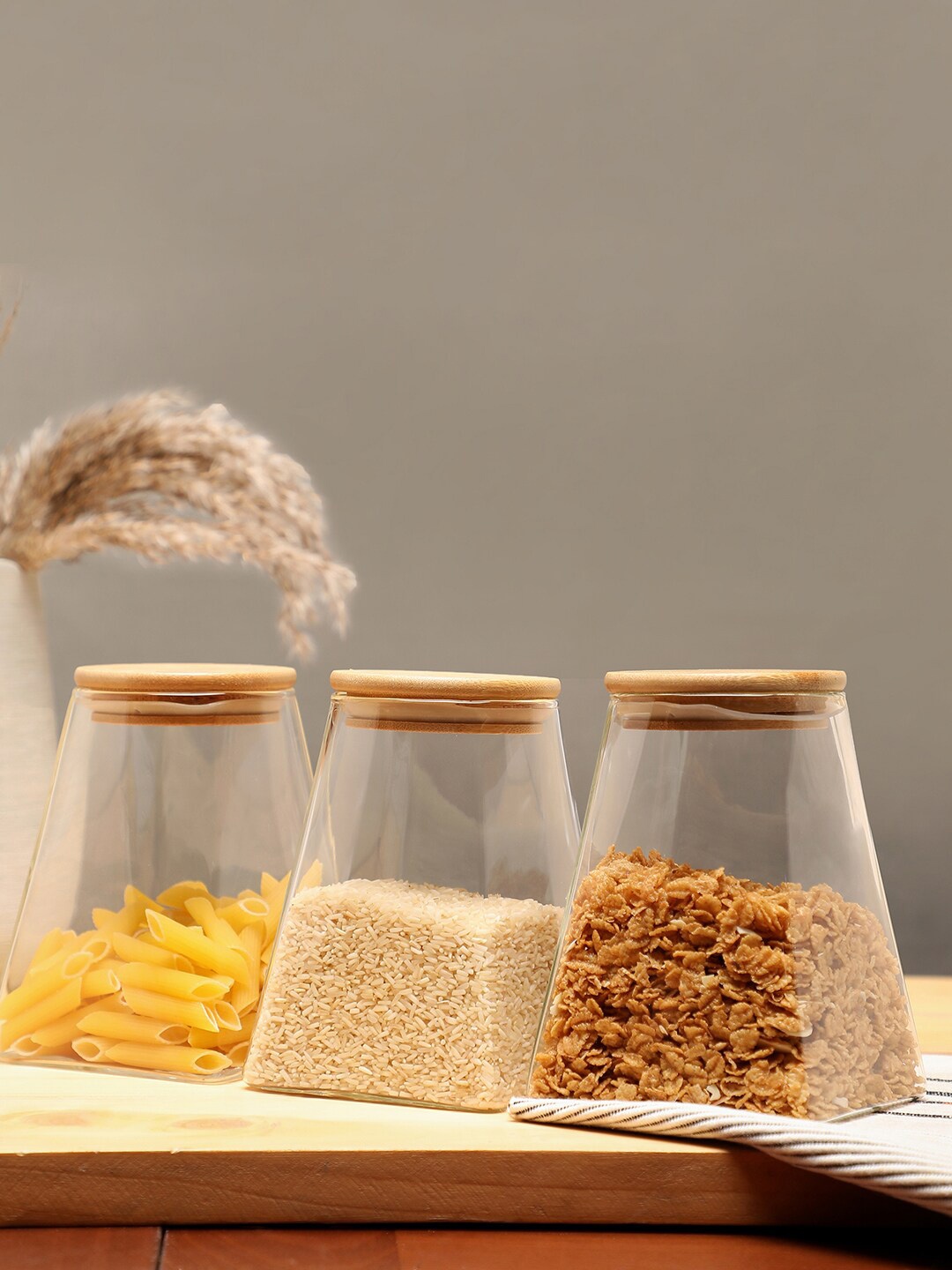 

Bonhomie Set Of 3 Transparent & Brown Glass Food Container Jar With Air Tight Lid