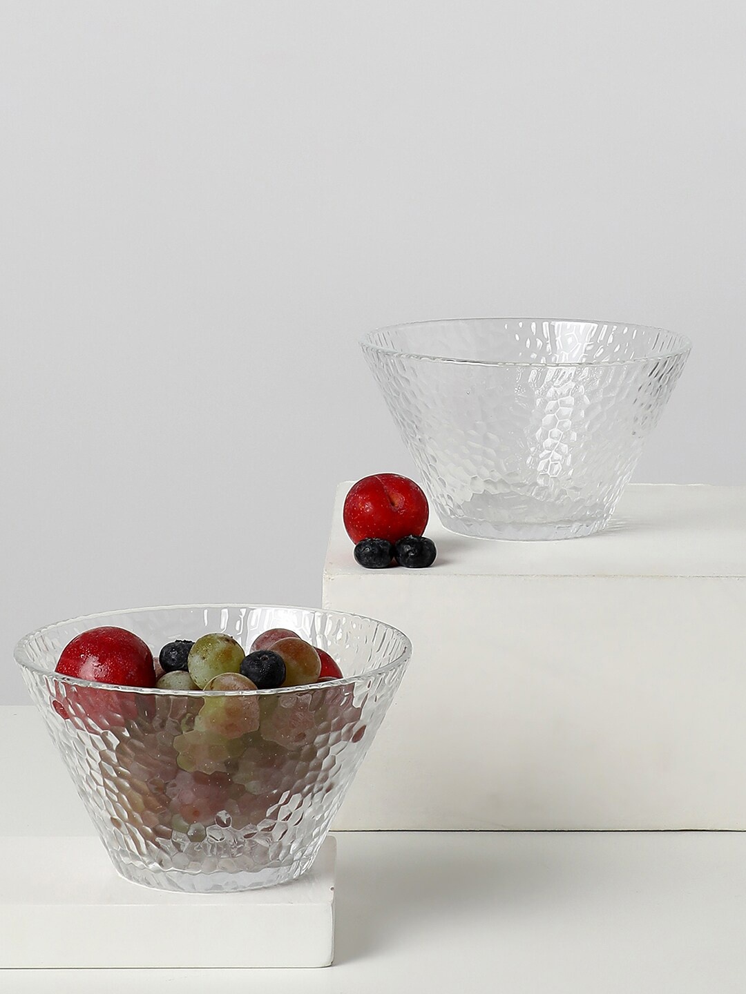 

Bonhomie Set of 2 Transparent Textured Dishwasher Safe Glass Serving Bowl