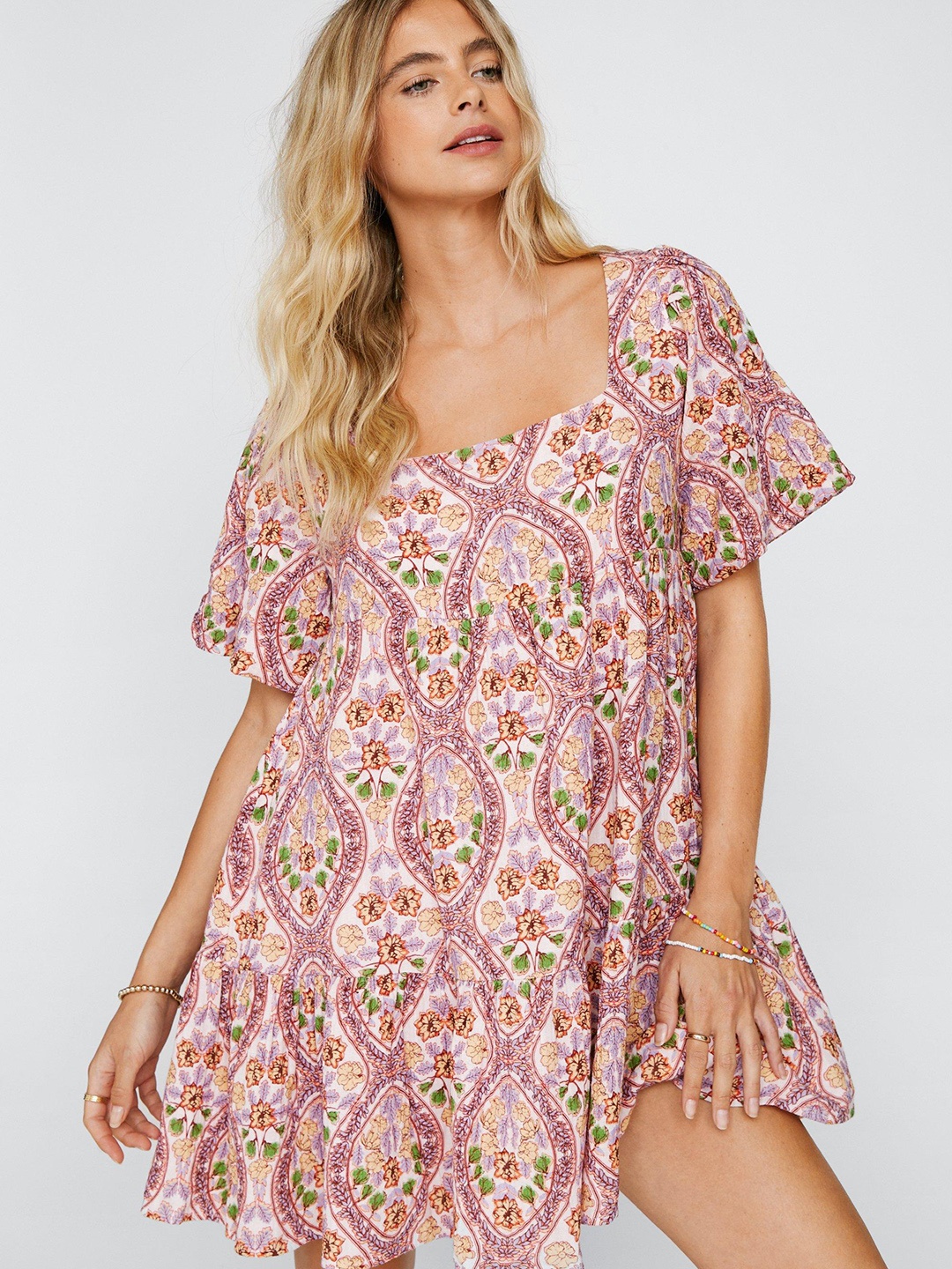 

NASTY GAL White & Purple Ethnic Motifs A-Line Dress