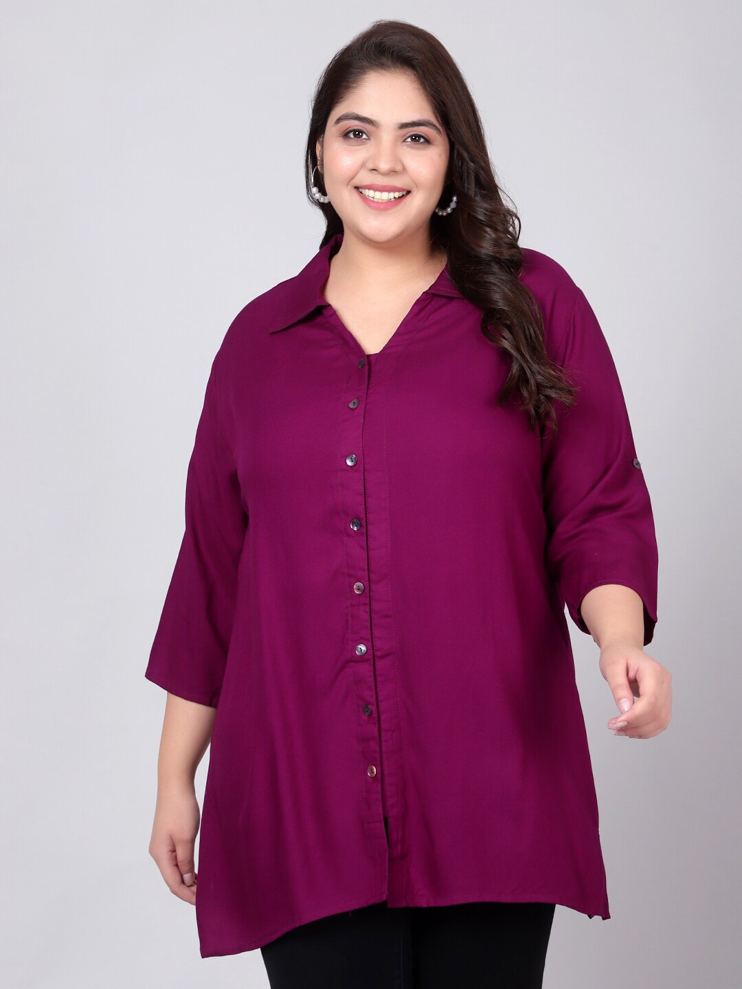 

Indietoga Women Plus Size Burgundy Regular Fit Solid Rayon Longline Casual Shirt